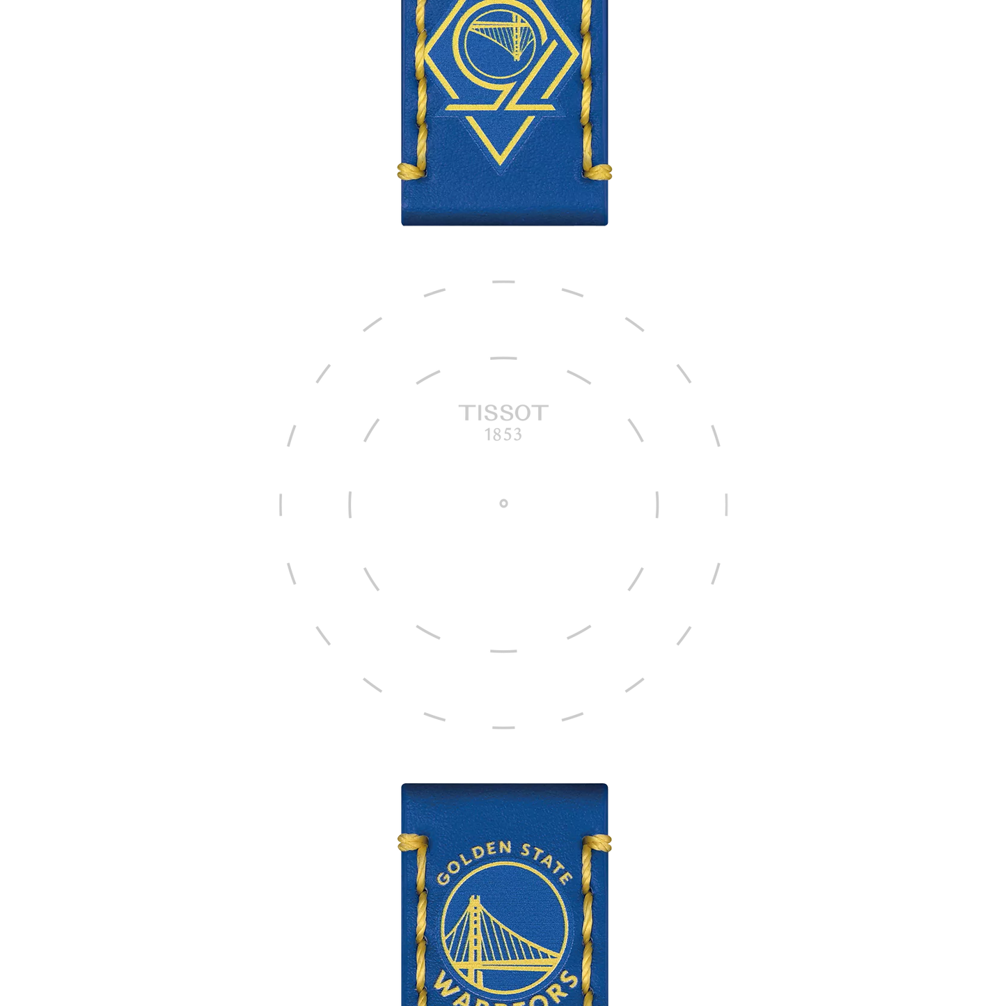 The Tissot Official Blue Leather Strap (Lugs 22 mm) by Tissot, featuring Golden State Warriors logos and yellow accents, is displayed above and below a subtle circular watch face with a dashed outline and "TISSOT 1853" printed in the center.