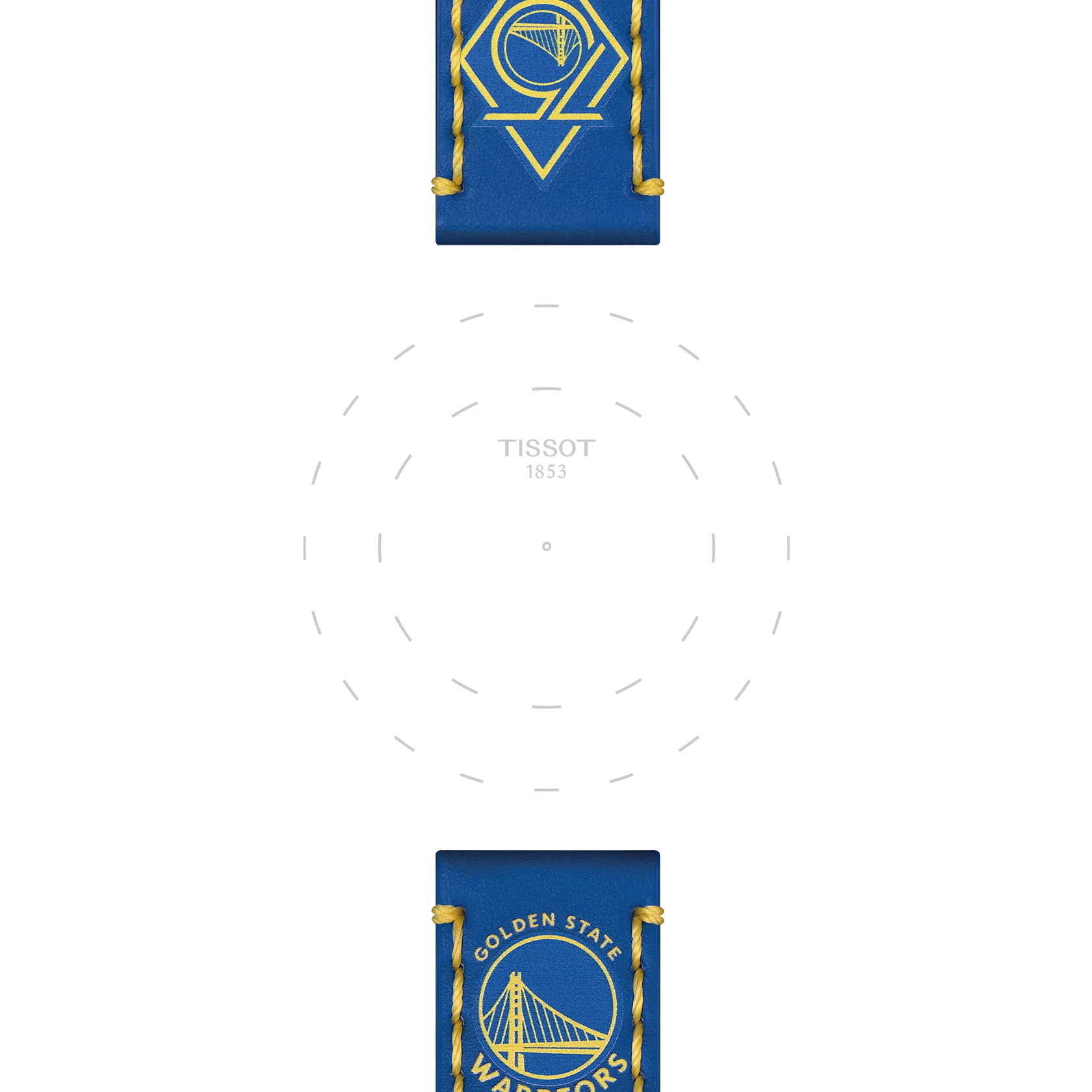 The Tissot Official Blue Leather Strap (Lugs 22 mm) by Tissot, featuring Golden State Warriors logos and yellow accents, is displayed above and below a subtle circular watch face with a dashed outline and "TISSOT 1853" printed in the center.