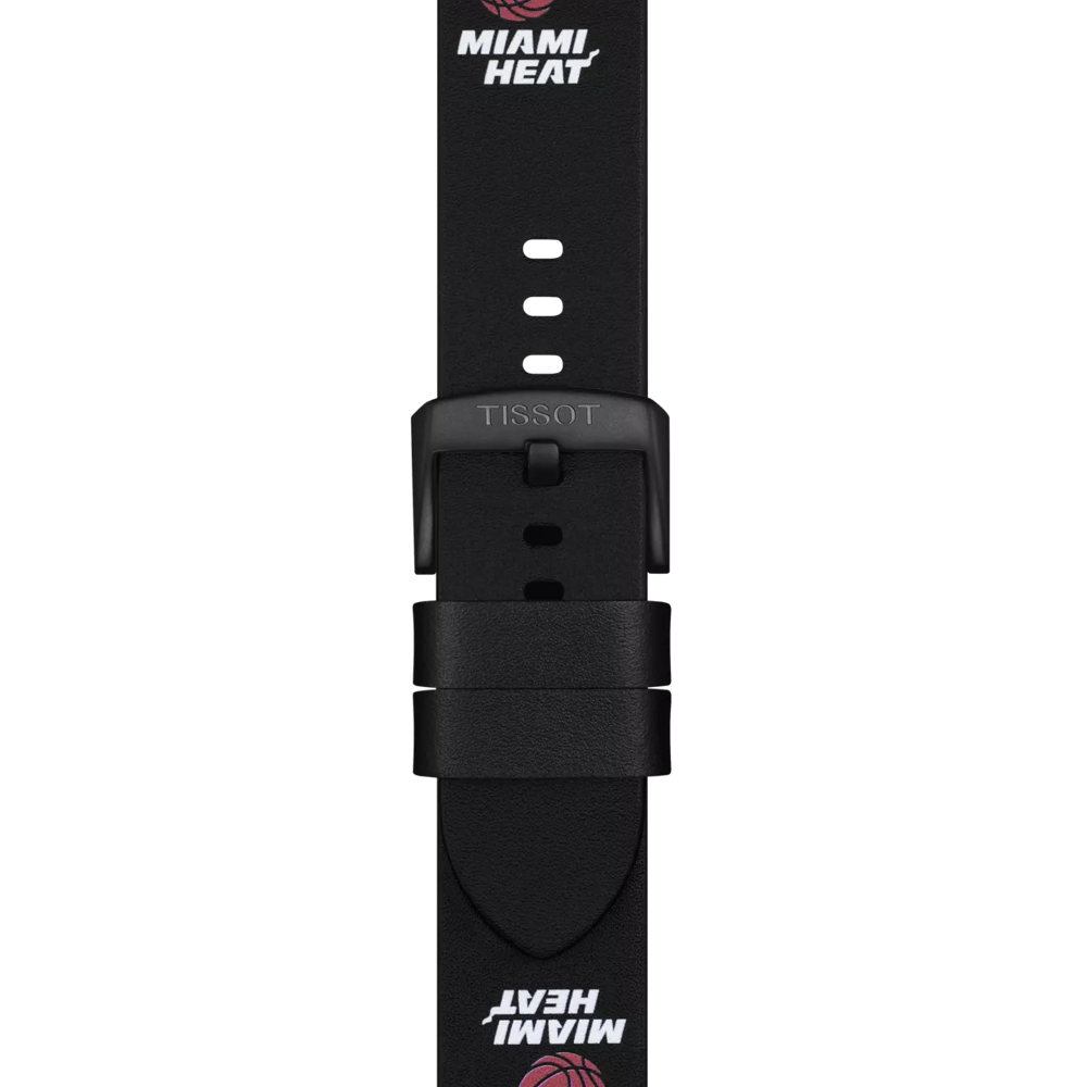 This Tissot Official Black Leather Strap (Lugs 22 mm) features a black buckle engraved with the brand name "Tissot." The strap is decorated near both ends with the phrase "MIAMI HEAT" and a basketball logo, printed in white and red.