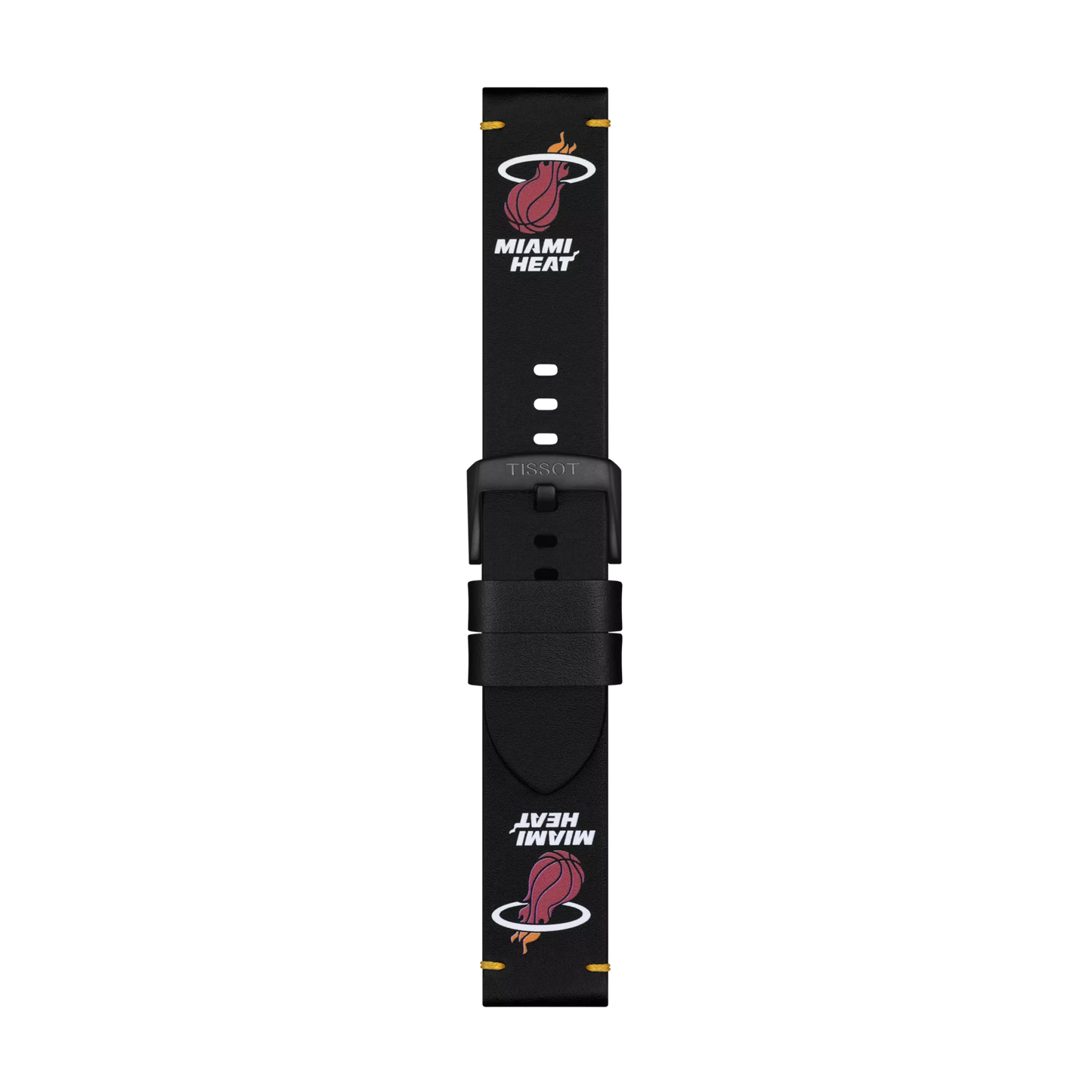 The Tissot Official Black Leather Strap (22 mm lugs) showcases the Miami Heat logo and text in white and red at both ends of the strap, complemented by a black buckle engraved with "Tissot.
