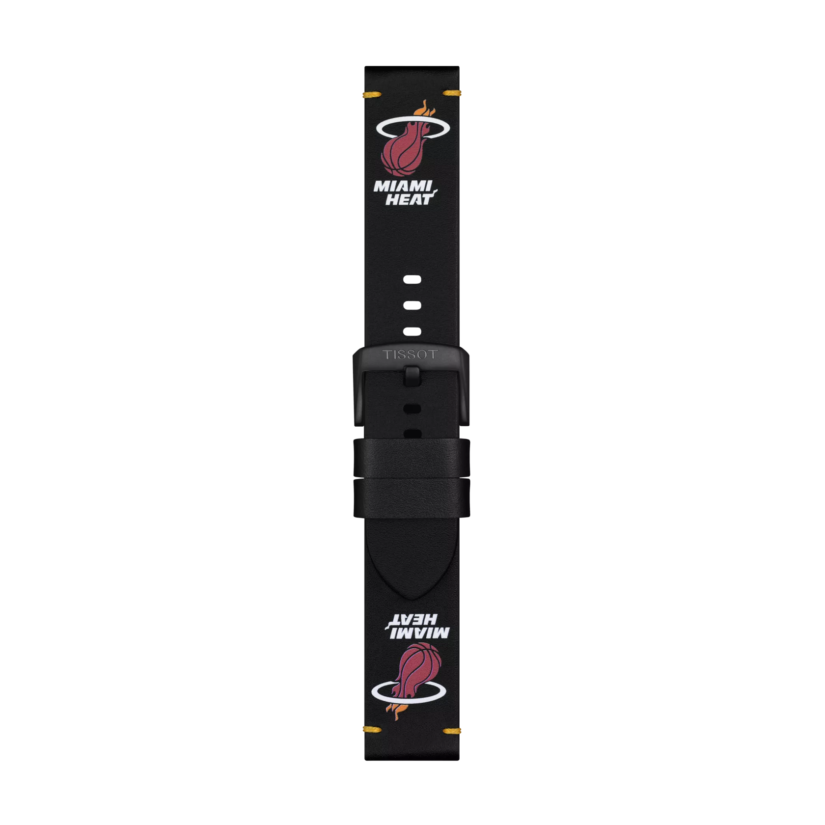 The Tissot Official Black Leather Strap (22 mm lugs) showcases the Miami Heat logo and text in white and red at both ends of the strap, complemented by a black buckle engraved with "Tissot.