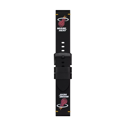 The Tissot Official Black Leather Strap (22 mm lugs) showcases the Miami Heat logo and text in white and red at both ends of the strap, complemented by a black buckle engraved with "Tissot.