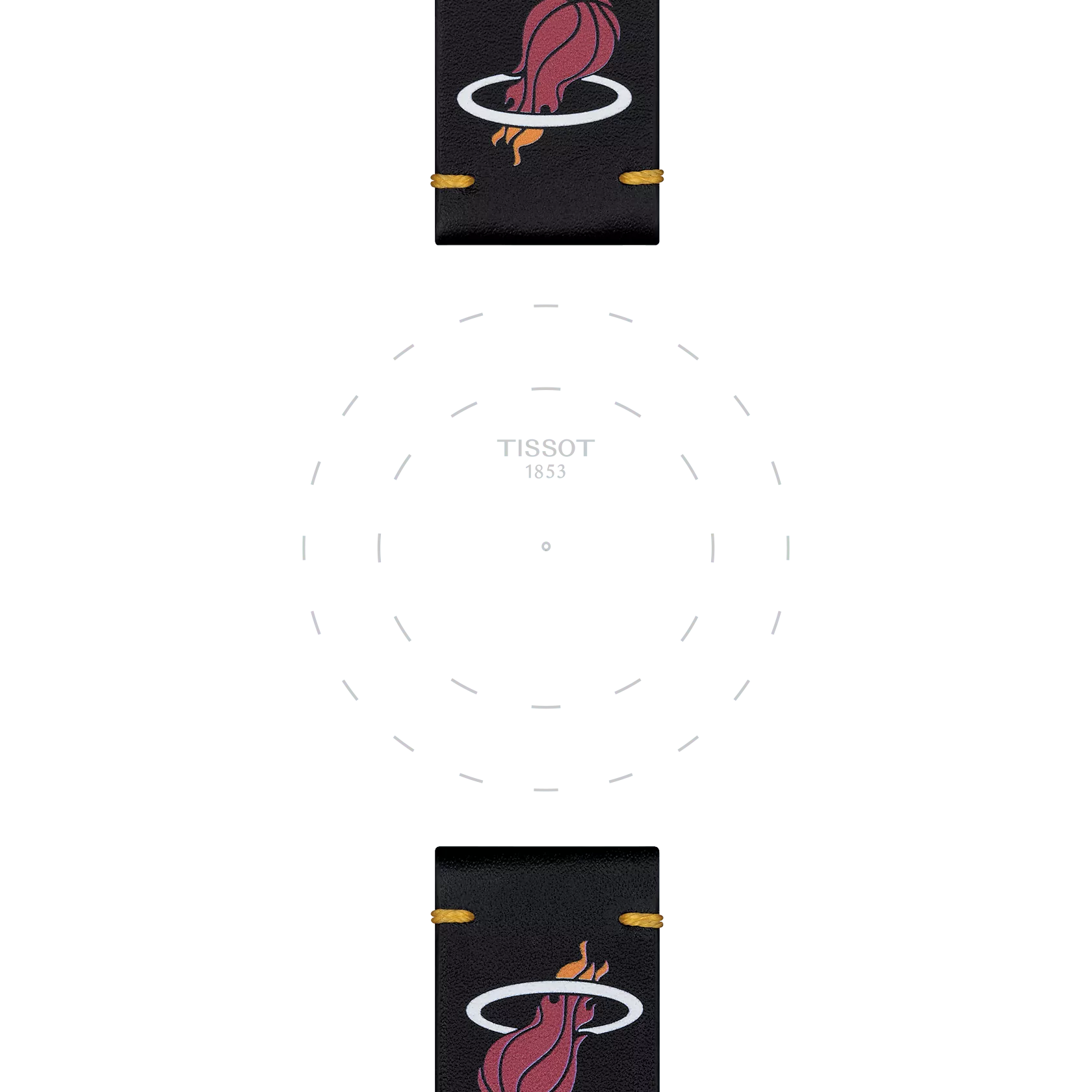 Black leather strap segments from the Tissot Official Black Leather Strap Lugs 22 mm, branded by Tissot, featuring the Miami Heat logo, are shown at the top and bottom framing a blank Tissot watch face illustration in the center.
