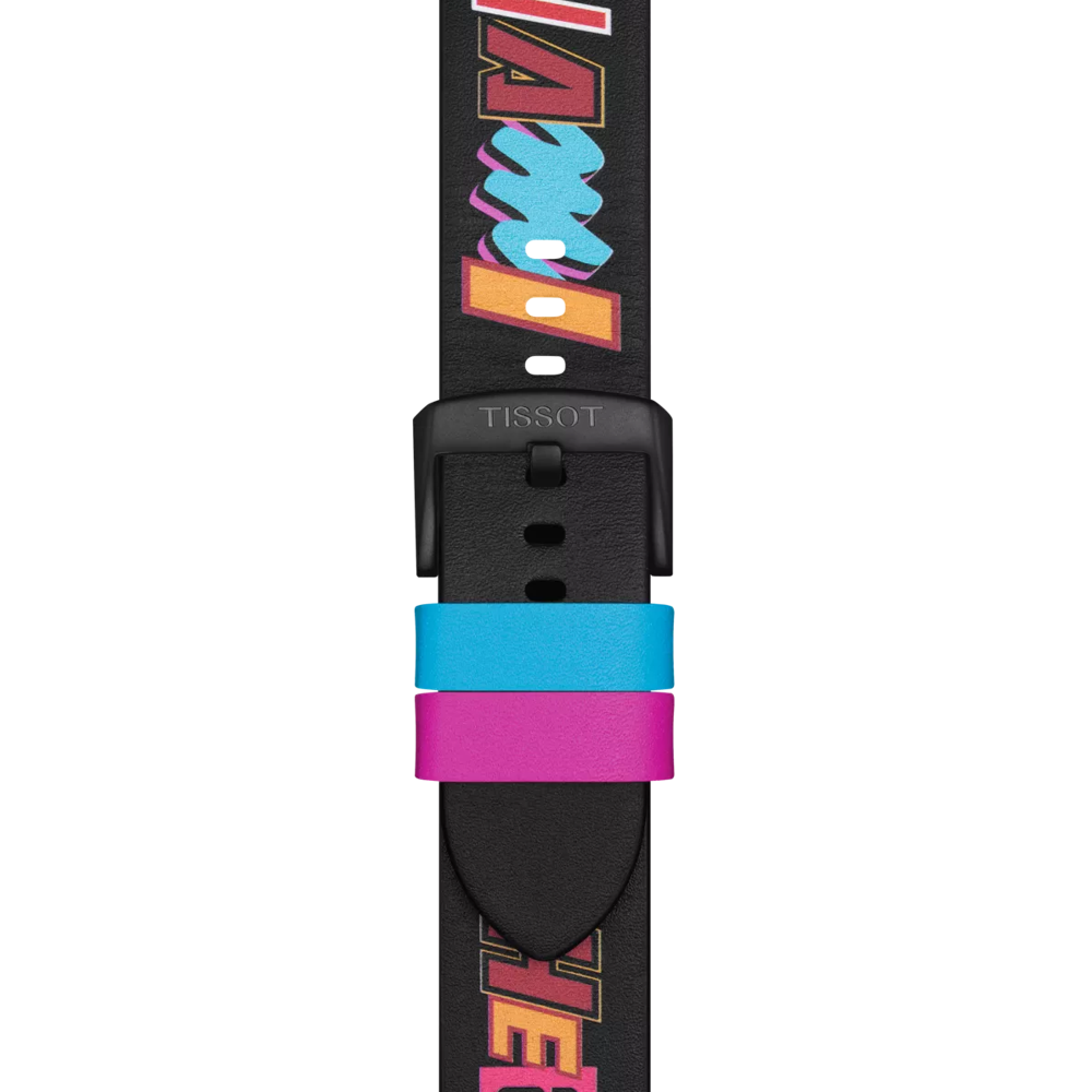 Close-up of the Tissot Official Black Leather Strap Lugs 22 mm, featuring vivid, colorful details, a black buckle, and two contrasting strap loops—one in blue and one in pink—set against a white background.