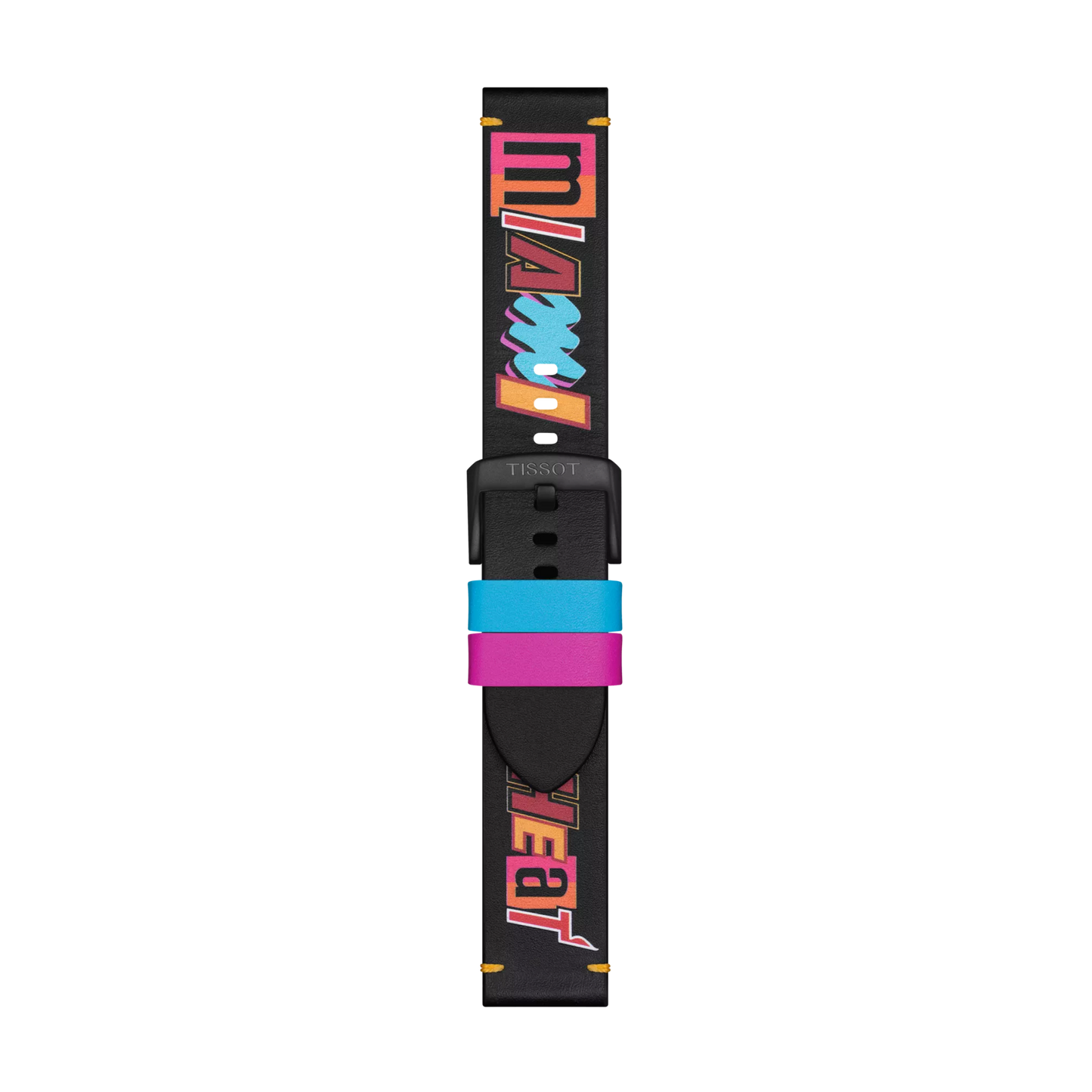 A Tissot Official Black Leather Strap (22 mm lugs) featuring colorful retro "Miami" text on the upper part and "Heat" on the lower part, with pink and blue loops near the buckle.