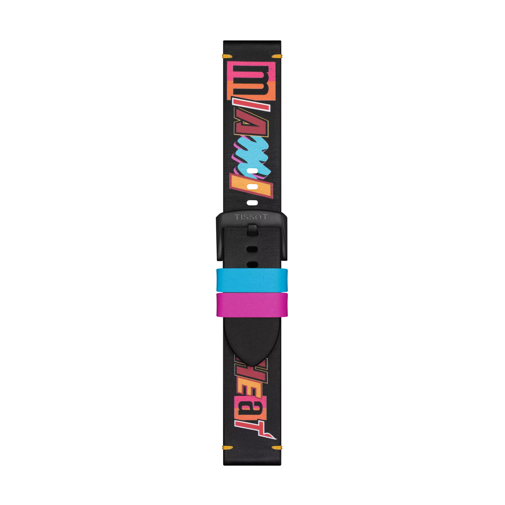 A Tissot Official Black Leather Strap (22 mm lugs) featuring colorful retro "Miami" text on the upper part and "Heat" on the lower part, with pink and blue loops near the buckle.