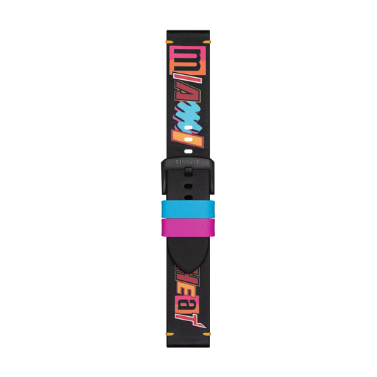 A Tissot Official Black Leather Strap (22 mm lugs) featuring colorful retro "Miami" text on the upper part and "Heat" on the lower part, with pink and blue loops near the buckle.
