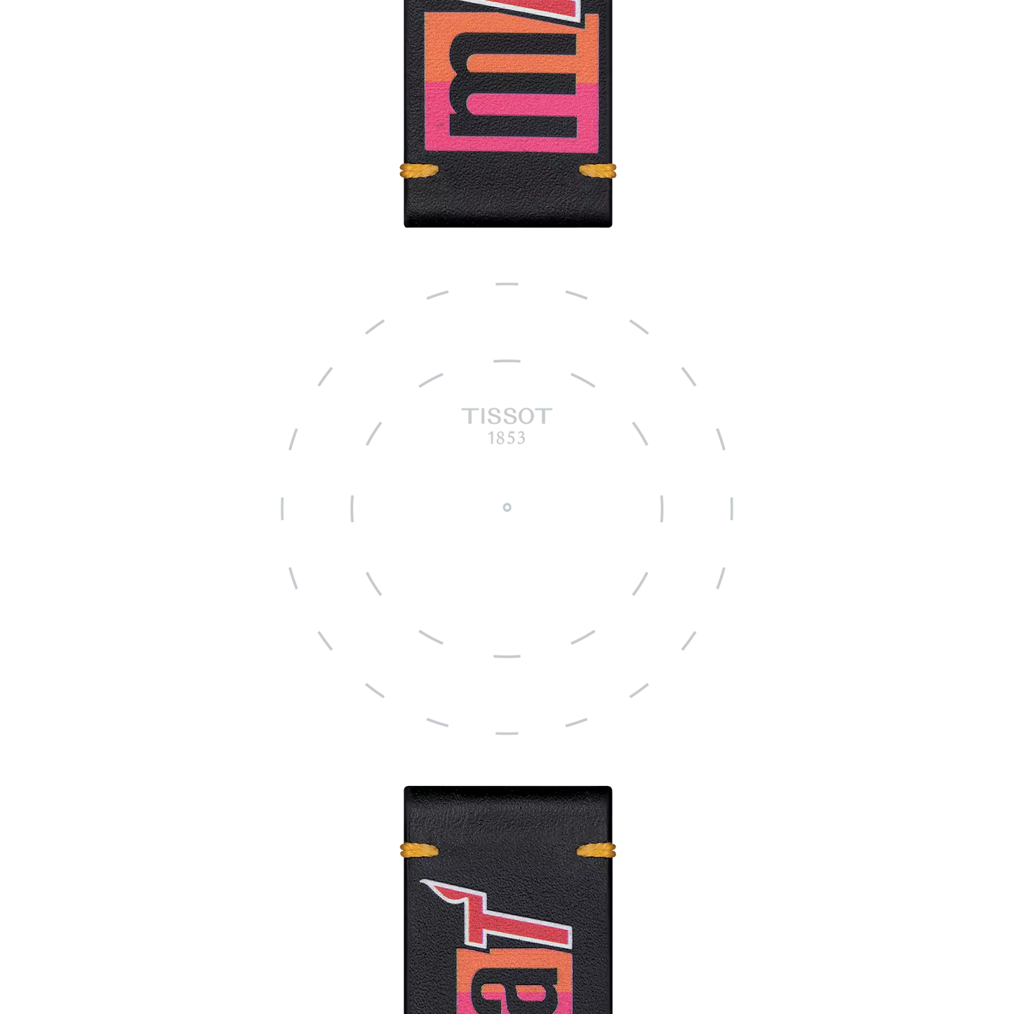 The Tissot Official Black Leather Strap (Lugs 22 mm) is attached at the top and bottom of a white circular watch face. The face displays only "TISSOT 1853" in text, with dotted lines for hour markers and no hands or numbers present.
