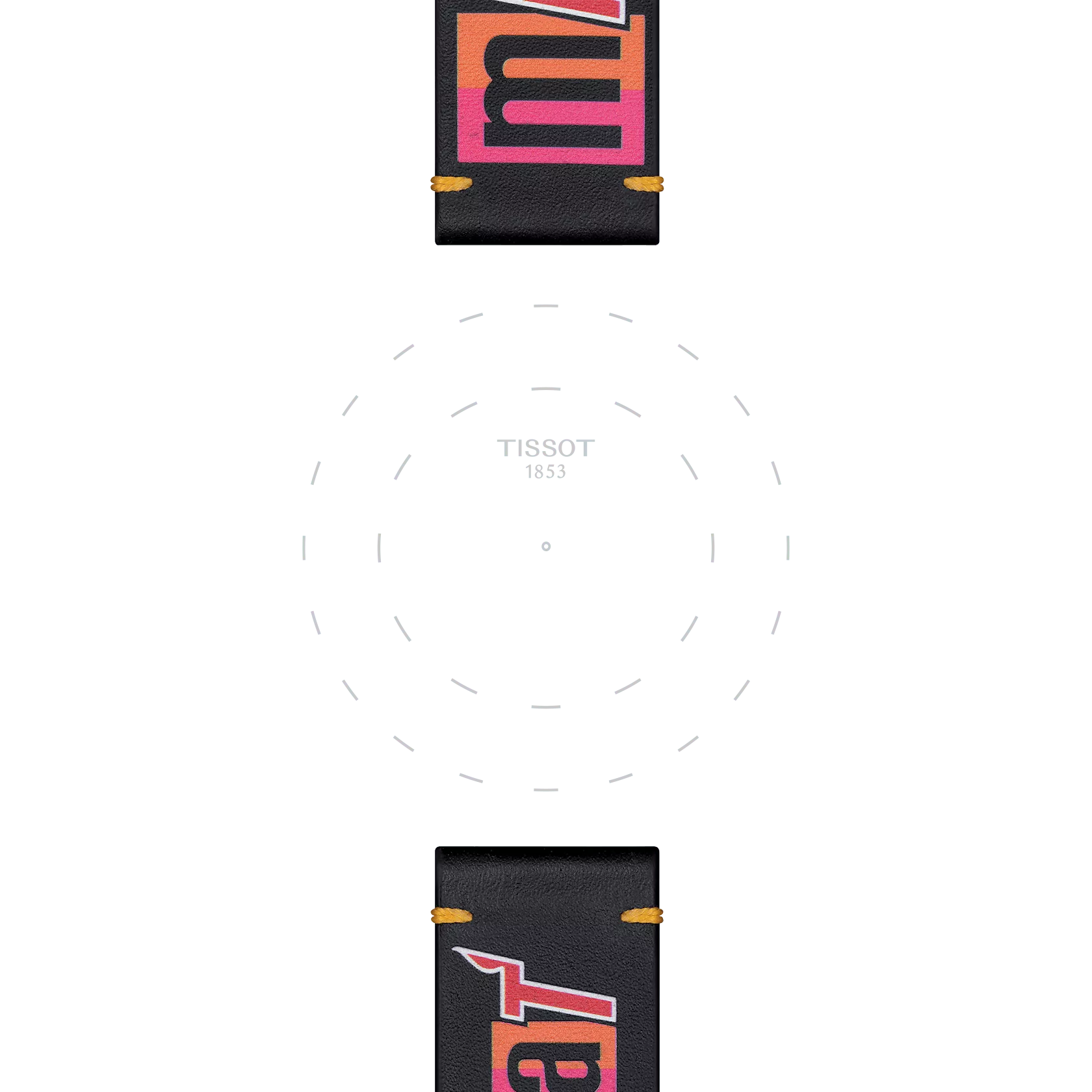 The Tissot Official Black Leather Strap (Lugs 22 mm) is attached at the top and bottom of a white circular watch face. The face displays only "TISSOT 1853" in text, with dotted lines for hour markers and no hands or numbers present.