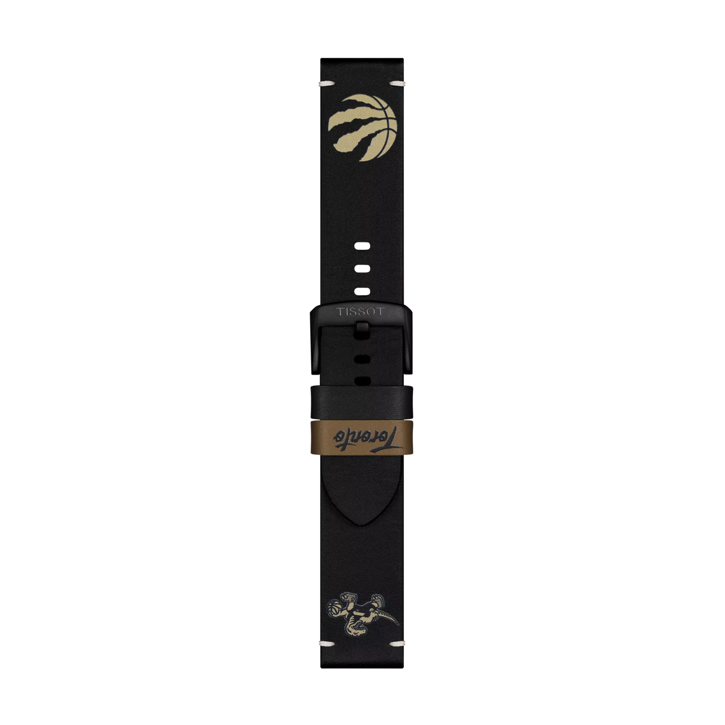 Tissot Official Black Leather Strap Lugs 22 mm by Tissot, featuring a gold Toronto Raptors basketball logo at the top, "Toronto" script in gold on the strap, and a gold raptor dribbling a basketball graphic at the bottom.