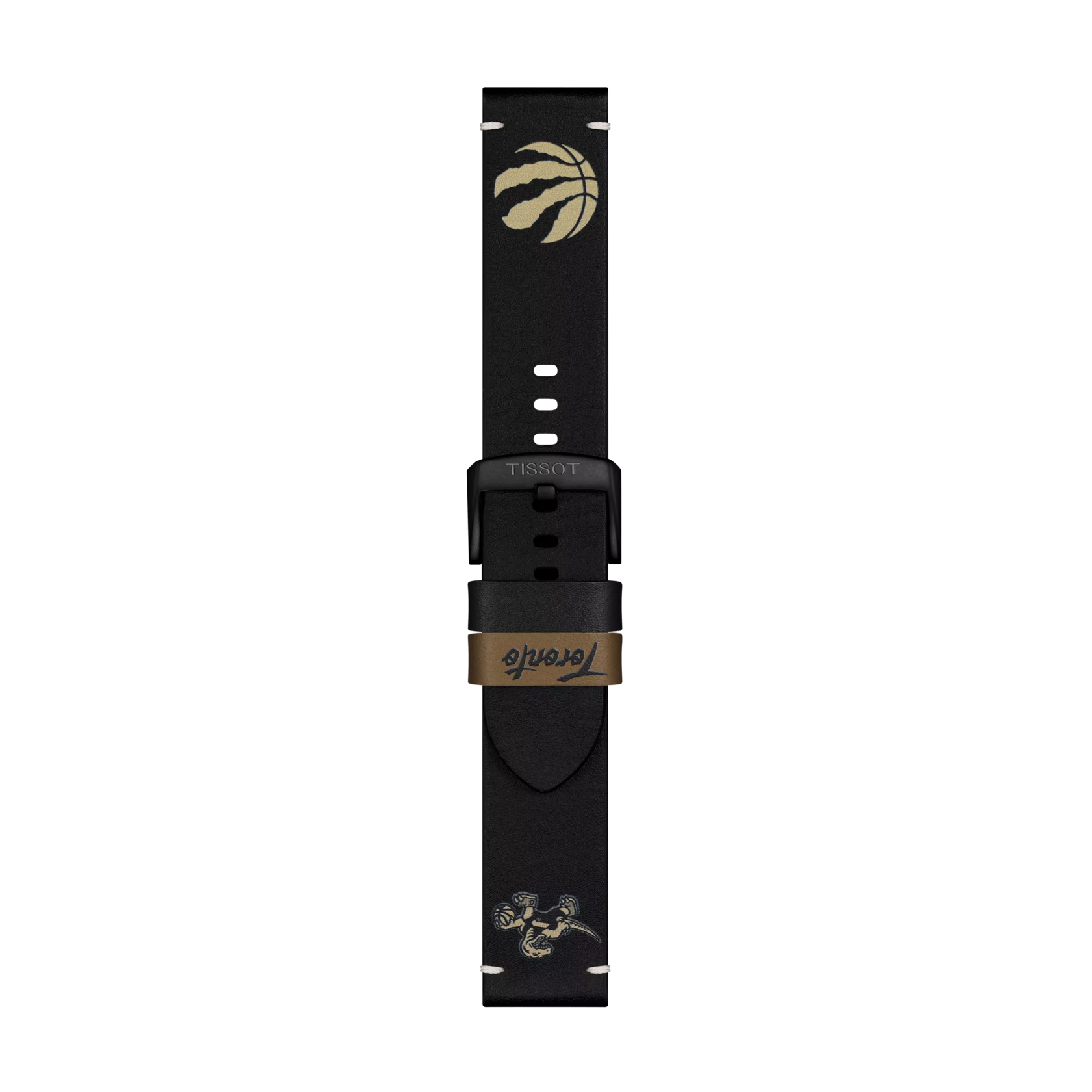 Tissot Official Black Leather Strap Lugs 22 mm by Tissot, featuring a gold Toronto Raptors basketball logo at the top, "Toronto" script in gold on the strap, and a gold raptor dribbling a basketball graphic at the bottom.