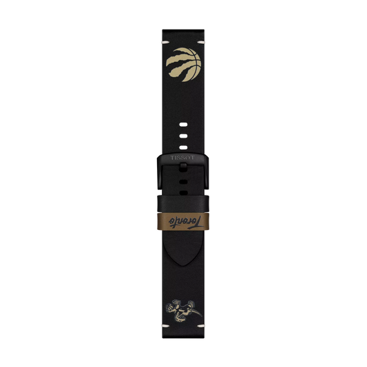 Tissot Official Black Leather Strap Lugs 22 mm by Tissot, featuring a gold Toronto Raptors basketball logo at the top, "Toronto" script in gold on the strap, and a gold raptor dribbling a basketball graphic at the bottom.