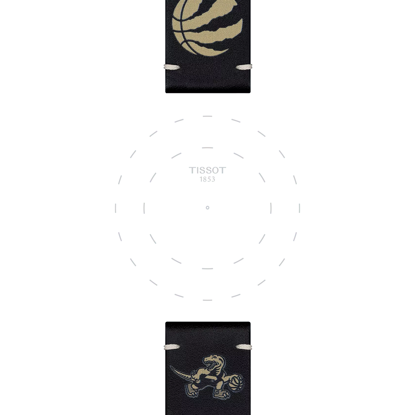 Tissot Official Black Leather Strap (22 mm lugs) featuring a gold Toronto Raptors basketball logo on the upper part, a gold cartoon dinosaur dribbling a basketball on the lower part, and "TISSOT 1853" faintly visible in the center surrounded by dotted circular markings.