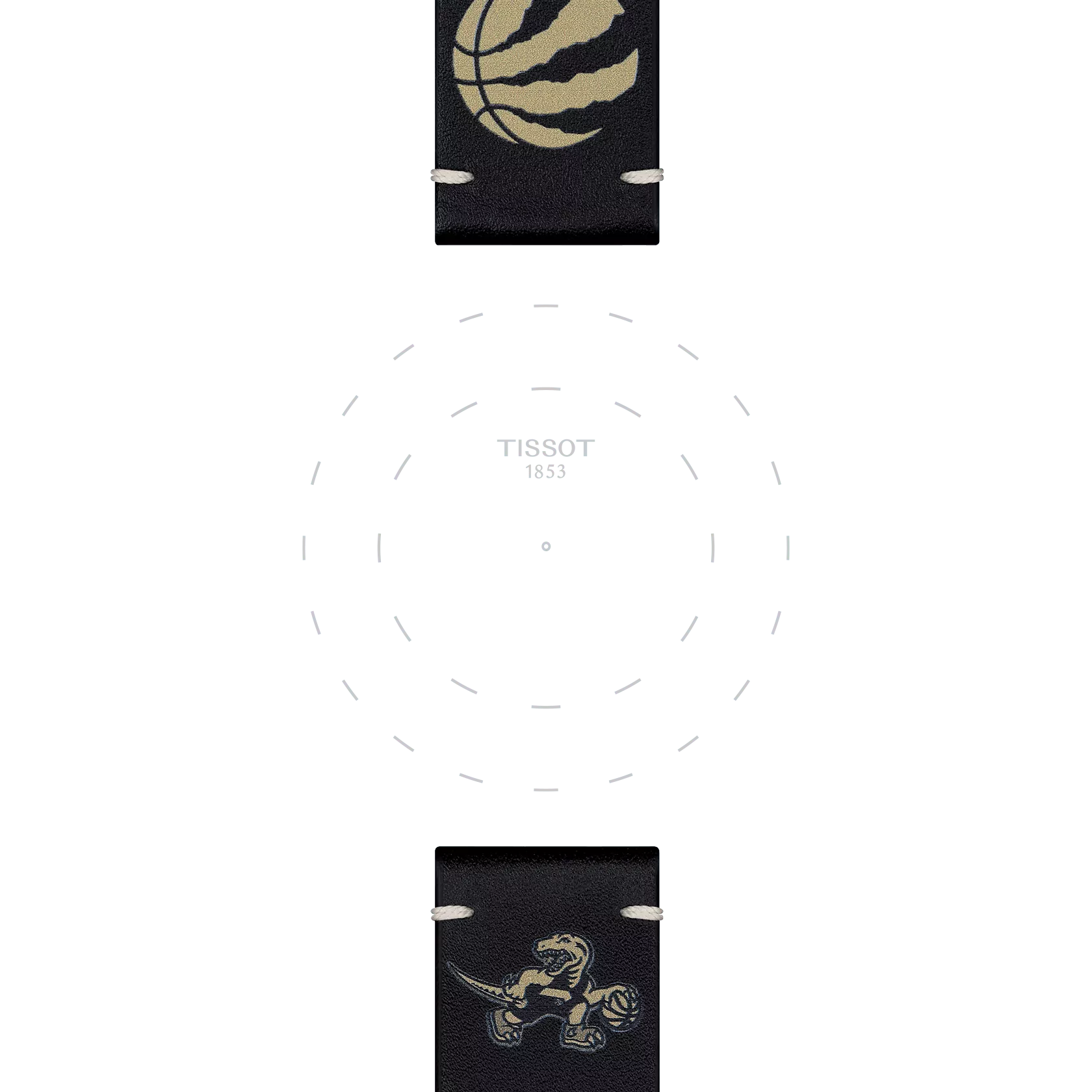 Tissot Official Black Leather Strap (22 mm lugs) featuring a gold Toronto Raptors basketball logo on the upper part, a gold cartoon dinosaur dribbling a basketball on the lower part, and "TISSOT 1853" faintly visible in the center surrounded by dotted circular markings.