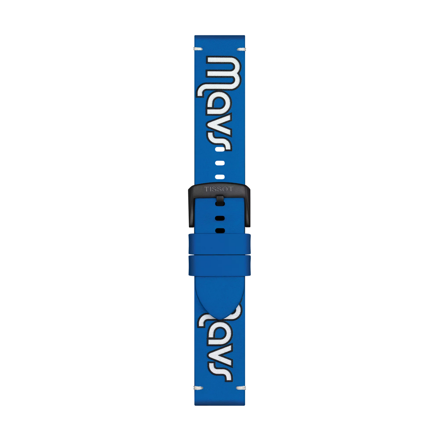 Tissot Official Blue Leather Strap (22 mm lugs) by Tissot, displayed flat on a light background, featuring the word "Mavs" in white stylized text and finished with a black buckle.