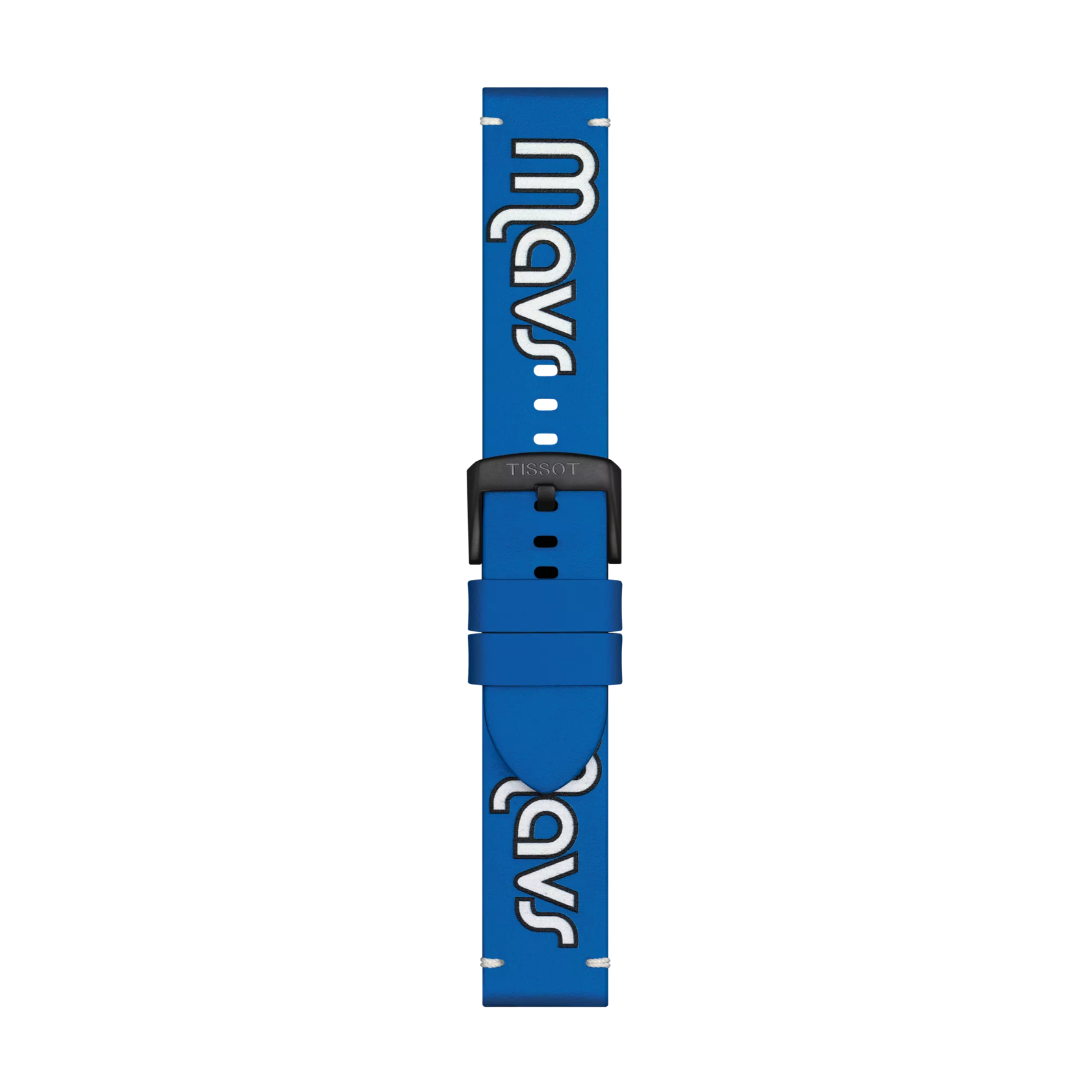 Tissot Official Blue Leather Strap (22 mm lugs) by Tissot, displayed flat on a light background, featuring the word "Mavs" in white stylized text and finished with a black buckle.