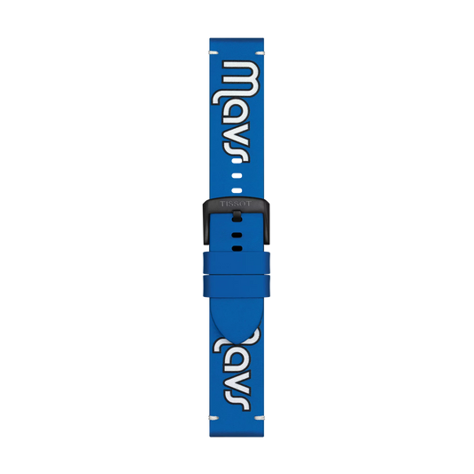 Tissot Official Blue Leather Strap (22 mm lugs) by Tissot, displayed flat on a light background, featuring the word "Mavs" in white stylized text and finished with a black buckle.