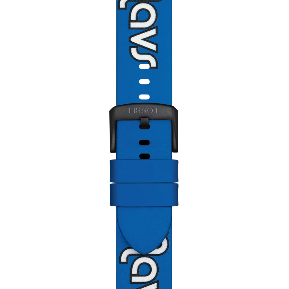 Tissot Official Blue Leather Strap with 22 mm lugs features a black buckle engraved with the "TISSOT" logo and partial white, black-outlined lettering running vertically along the blue band, displayed on a white background.