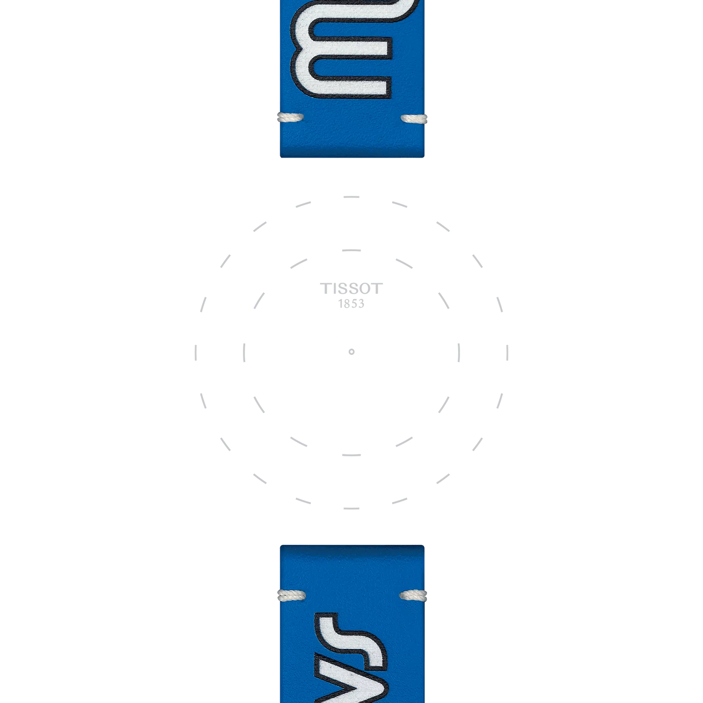 A watch face without hands or numbers, featuring the "TISSOT 1853" branding at its center. Visible at the top and bottom of the image is the Tissot Official Blue Leather Strap Lugs 22 mm, displaying white text.