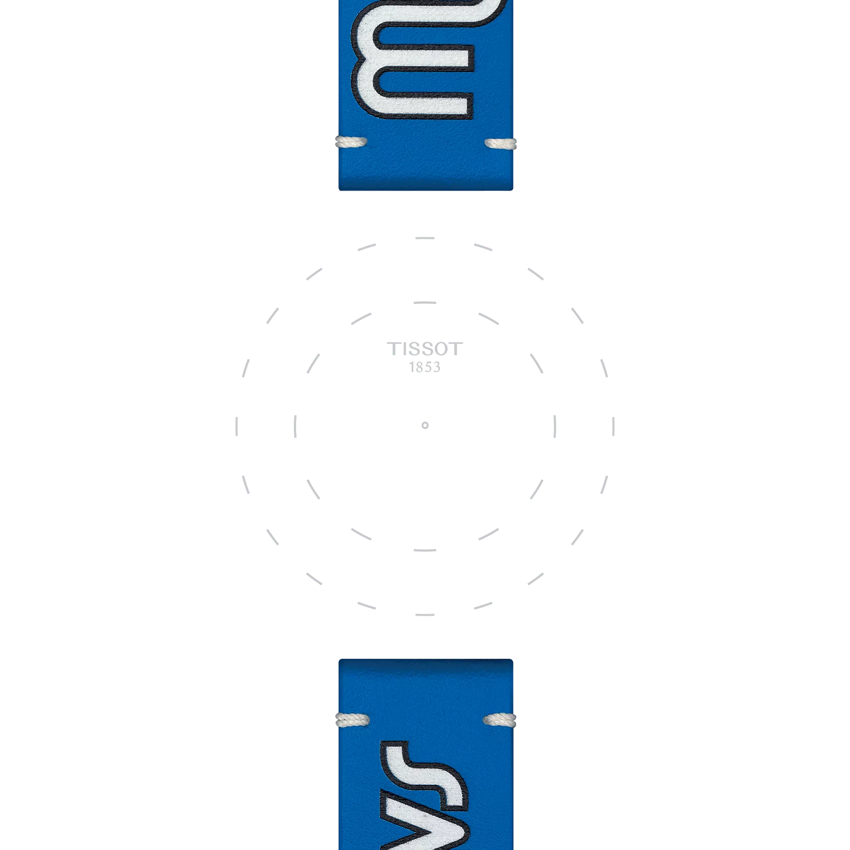 A watch face without hands or numbers, featuring the "TISSOT 1853" branding at its center. Visible at the top and bottom of the image is the Tissot Official Blue Leather Strap Lugs 22 mm, displaying white text.