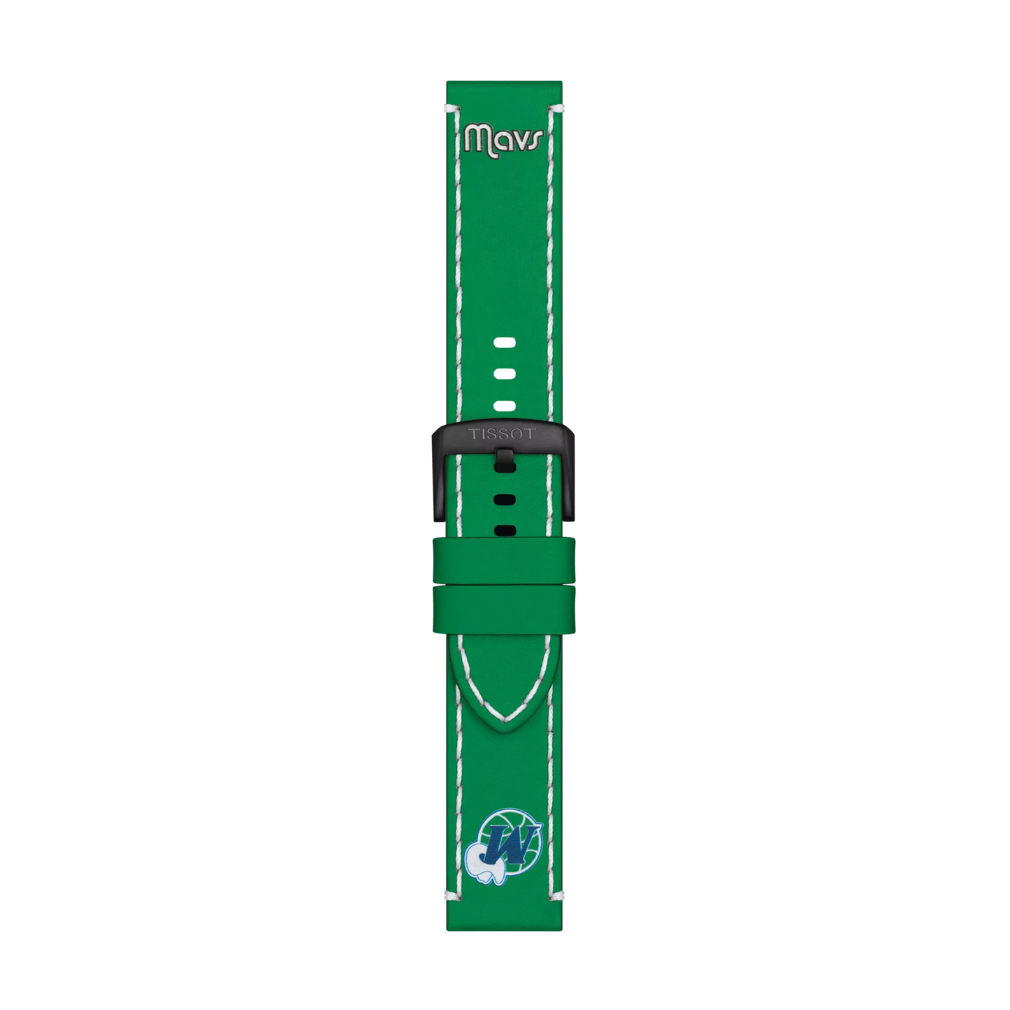 Tissot Official Green Leather Strap features white stitching, a black buckle, "Mavs" text at the top, and a blue and white Dallas Mavericks logo at the bottom.