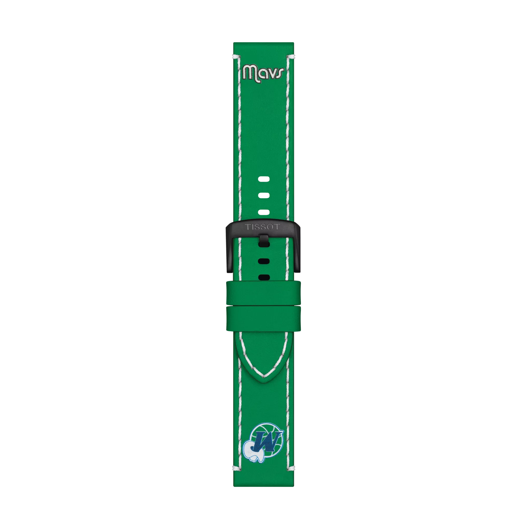 Tissot Official Green Leather Strap features white stitching, a black buckle, "Mavs" text at the top, and a blue and white Dallas Mavericks logo at the bottom.