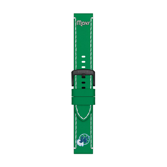 Tissot Official Green Leather Strap features white stitching, a black buckle, "Mavs" text at the top, and a blue and white Dallas Mavericks logo at the bottom.