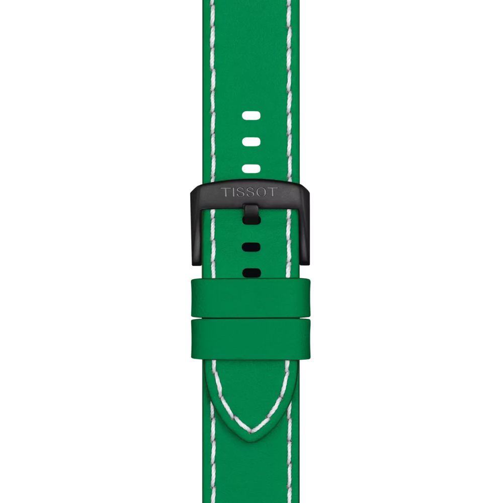 The Tissot Official Green Leather Strap Lugs 22 mm features white stitching, a black buckle, and multiple adjustment holes, and is displayed vertically against a plain white background.