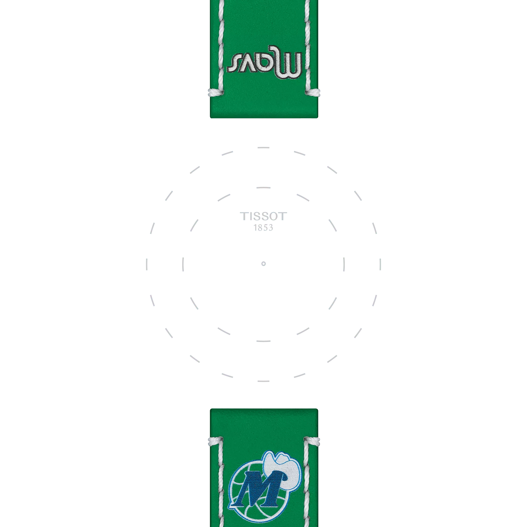 Tissot Official Green Leather Strap Lugs 22 mm featuring white stitching, upside-down “Mavs” text on one end, and a Dallas Mavericks retro logo with a cowboy hat on the other, surrounding a watch face outline labeled "Tissot 1853.