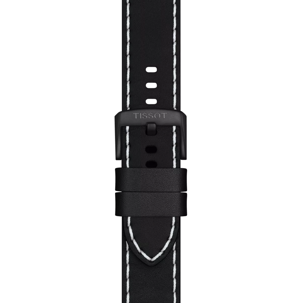 Tissot Official Black Leather Strap with 22 mm lugs, featuring white stitching and a black buckle engraved with "TISSOT," displayed against a white background.