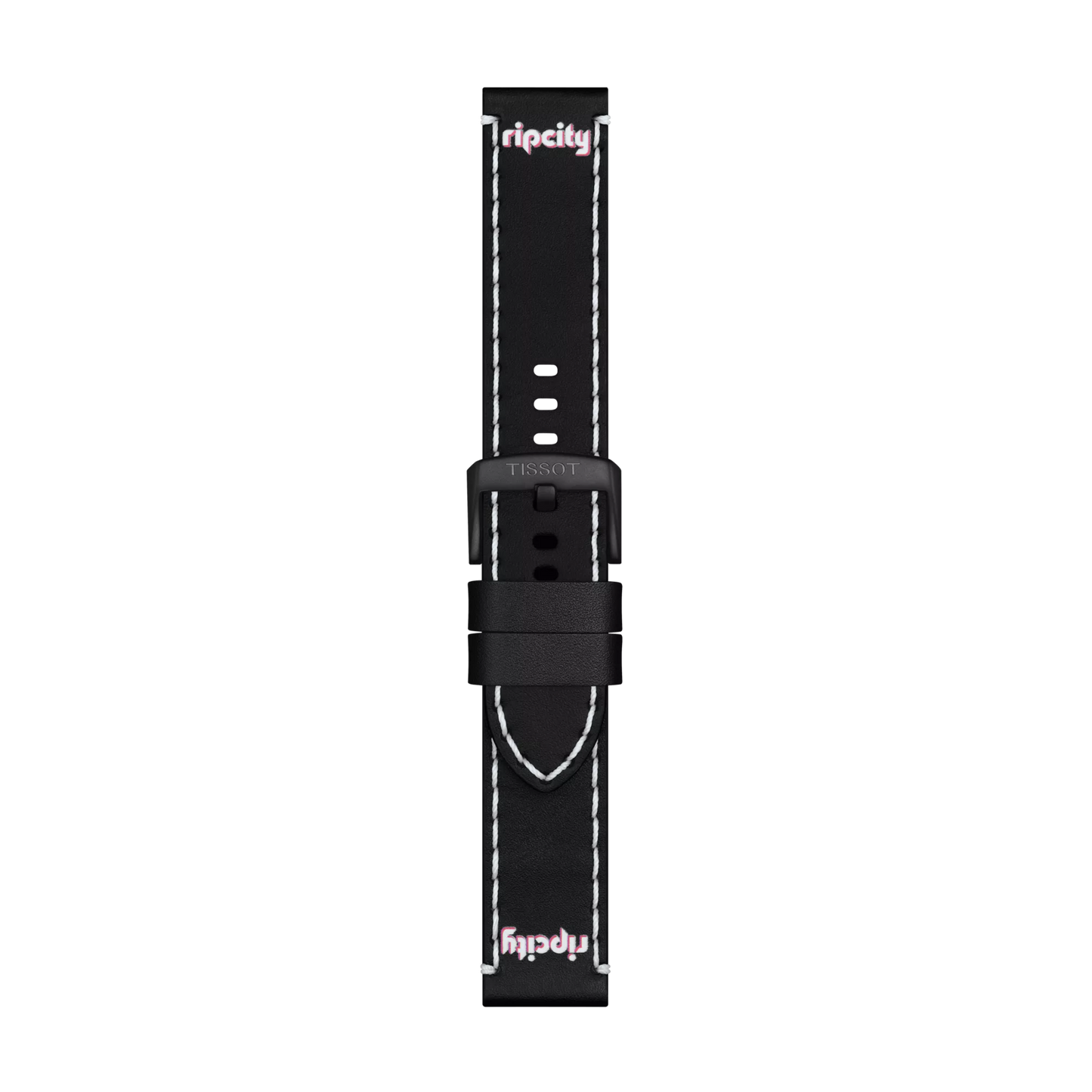 Featuring the Tissot Official Black Leather Strap (Lugs 22 mm), this black strap showcases white stitching and displays "ripcity" in white and pink at both ends. The black buckle is engraved with "TISSOT." The strap, by Tissot, is presented vertically against a white background.
