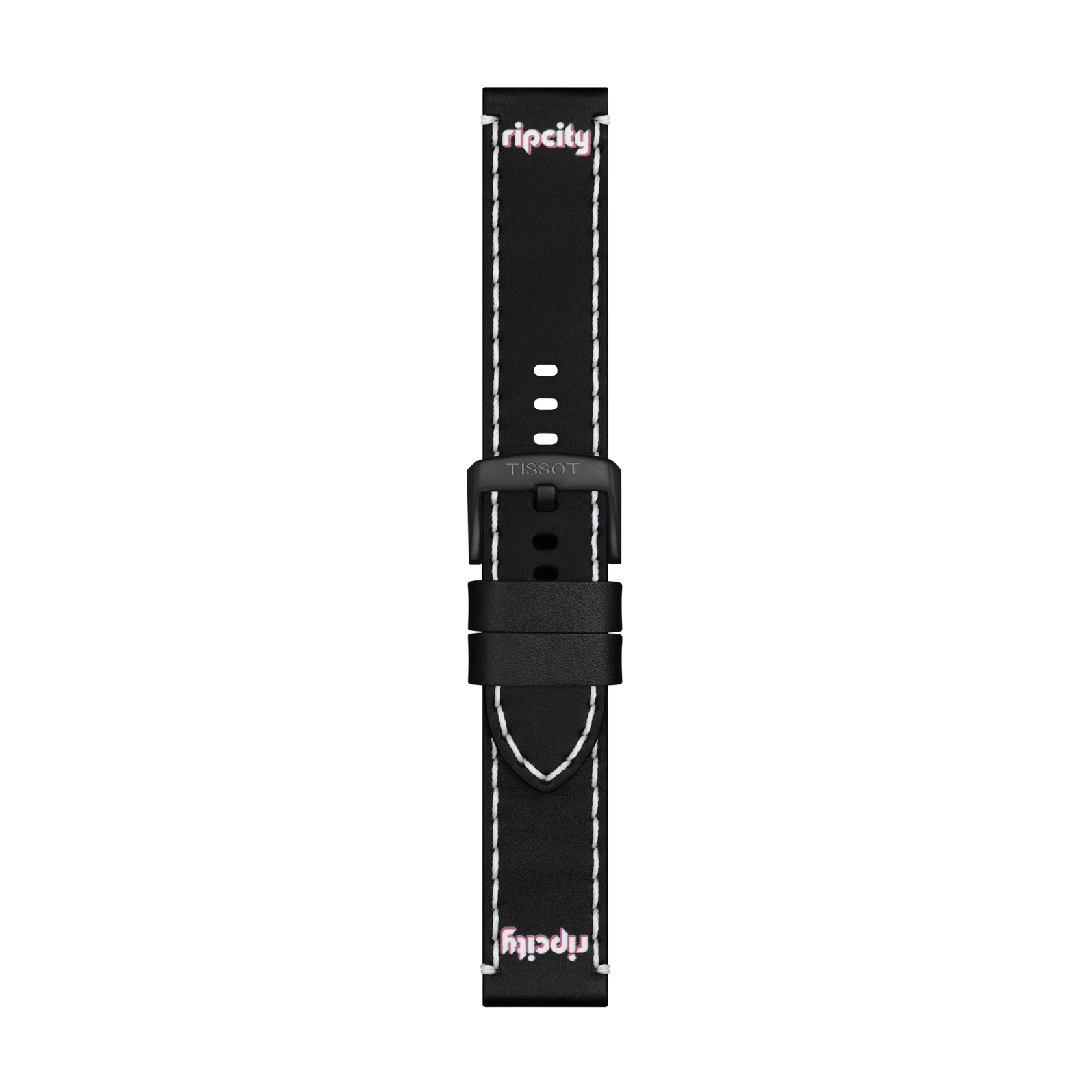Featuring the Tissot Official Black Leather Strap (Lugs 22 mm), this black strap showcases white stitching and displays "ripcity" in white and pink at both ends. The black buckle is engraved with "TISSOT." The strap, by Tissot, is presented vertically against a white background.
