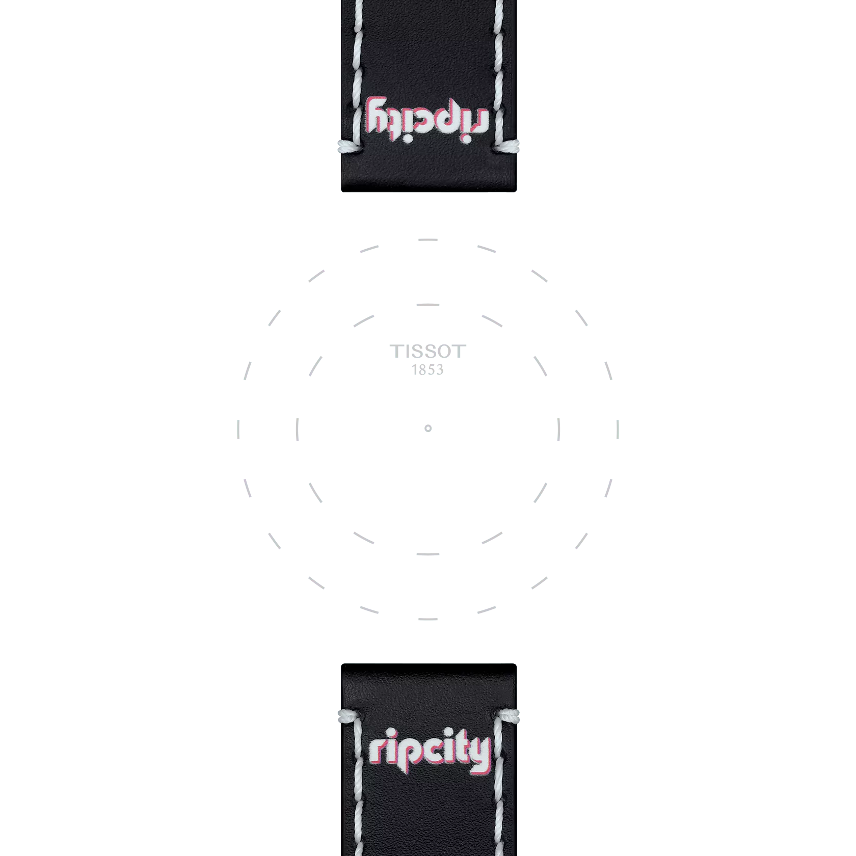 A minimalistic watch face featuring the Tissot logo at the center, paired with black leather straps (Tissot Official Black Leather Strap Lugs 22 mm) that display "Ripcity" stitched in white and pink at both ends. The design does not include any visible clock hands.