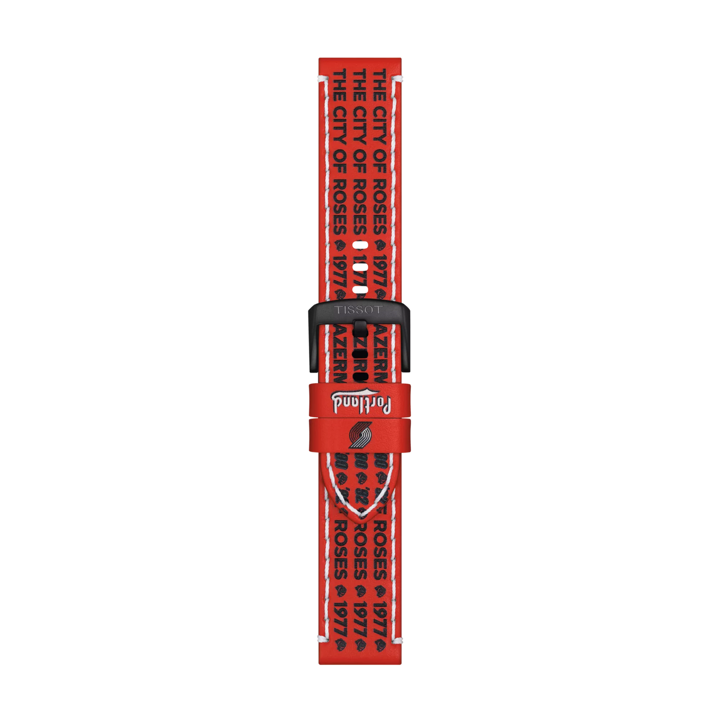 Tissot Official Red Leather Strap (22 mm lugs) featuring black text that repeatedly states "THE CITY OF ROSES 1974" and "PORTLAND" on a white background. The strap has a black buckle and the "Tissot" brand name appears on the strap loop.