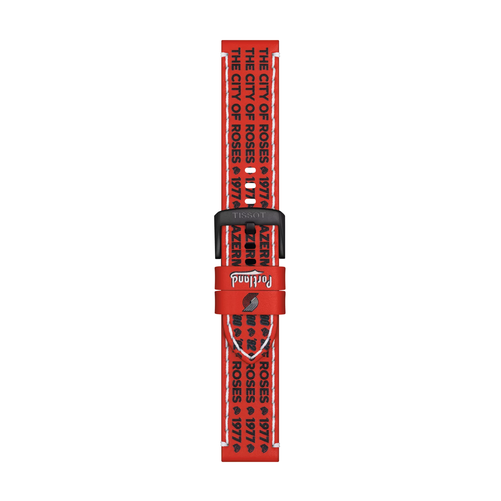 Tissot Official Red Leather Strap (22 mm lugs) featuring black text that repeatedly states "THE CITY OF ROSES 1974" and "PORTLAND" on a white background. The strap has a black buckle and the "Tissot" brand name appears on the strap loop.