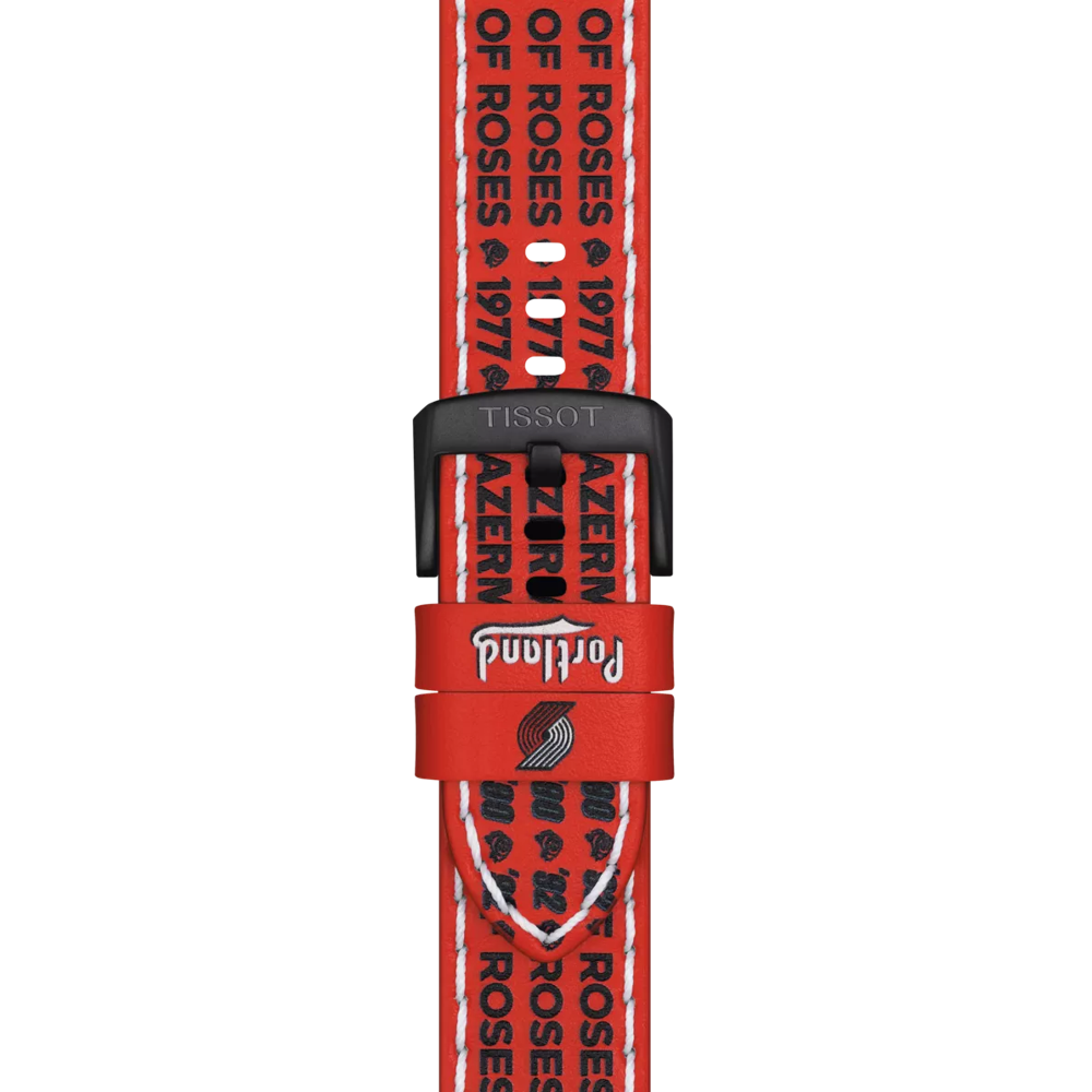 The Tissot Official Red Leather Strap (22 mm lugs) features black "Rip City" and "Garden of Roses 1977" text, rose icons, and a Portland Trail Blazers logo, all on vibrant red leather. The black buckle is accented with the Tissot brand name.