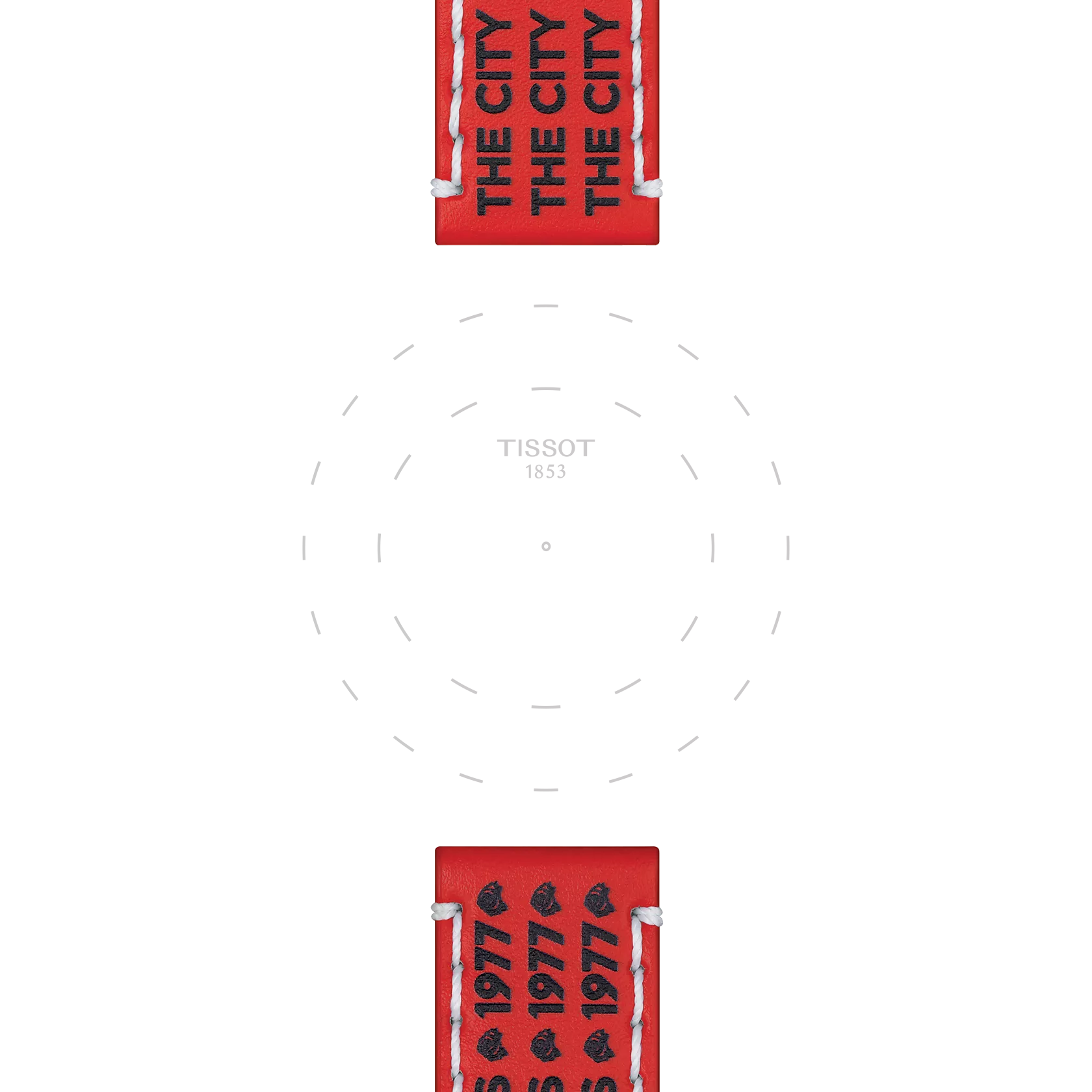 Tissot Official Red Leather Strap (22 mm lugs) featuring “THE CITY” text at the top and “1977” at the bottom. The center is blank with faint circular guidelines and "TISSOT 1853" subtly written in the middle.