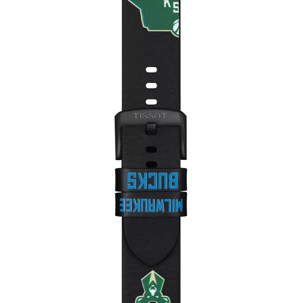 Tissot Official Black Leather Strap (22 mm lugs) featuring the Milwaukee Bucks logo and text, with green and blue accents and map outlines.