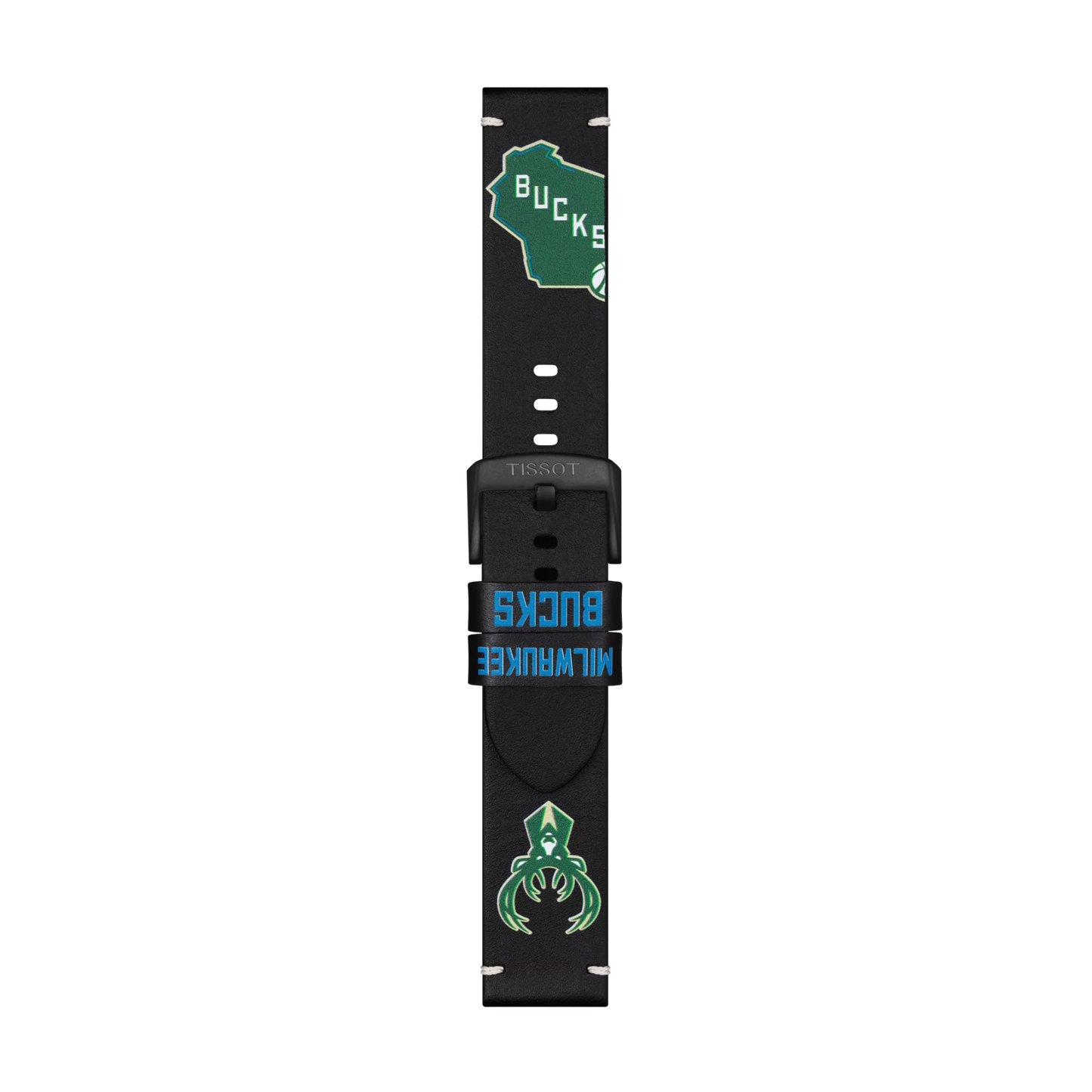 Tissot Official Black Leather Strap (Lugs 22 mm) featuring Milwaukee Bucks-inspired graphics, including a green spider, blue team name, and a map of Wisconsin with "Bucks" text.