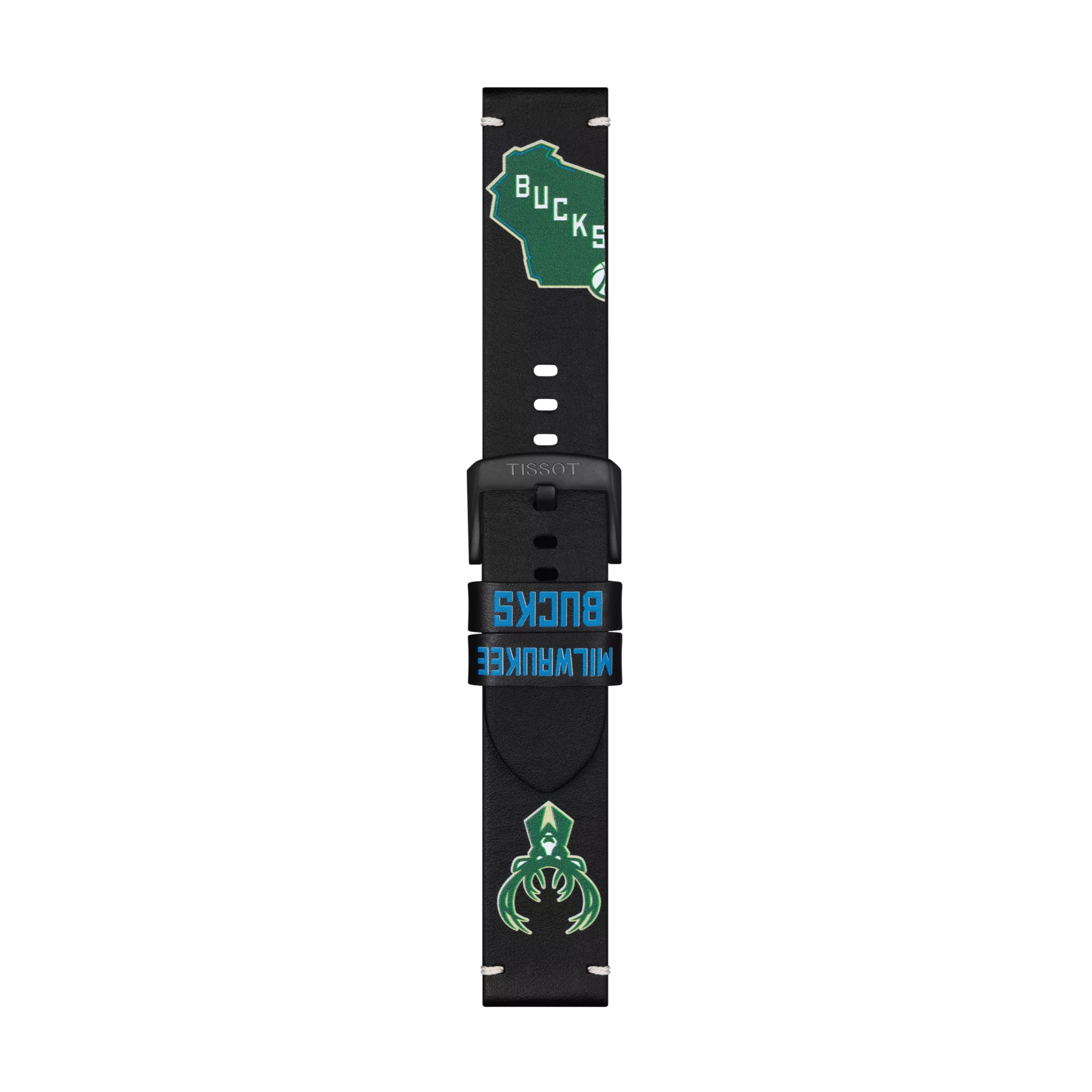 Tissot Official Black Leather Strap (Lugs 22 mm) featuring Milwaukee Bucks-inspired graphics, including a green spider, blue team name, and a map of Wisconsin with "Bucks" text.