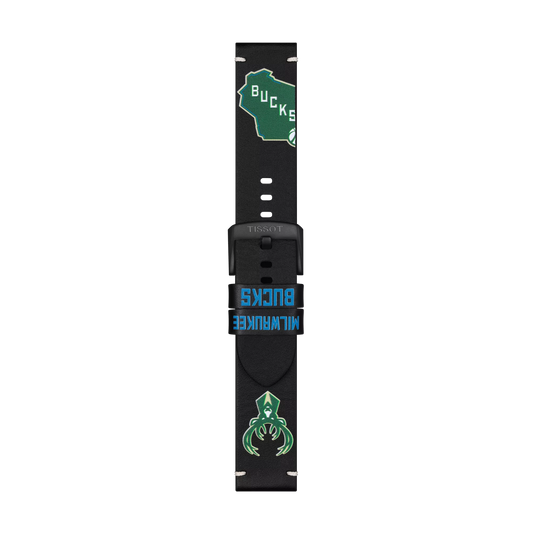 Tissot Official Black Leather Strap (Lugs 22 mm) featuring Milwaukee Bucks-inspired graphics, including a green spider, blue team name, and a map of Wisconsin with "Bucks" text.