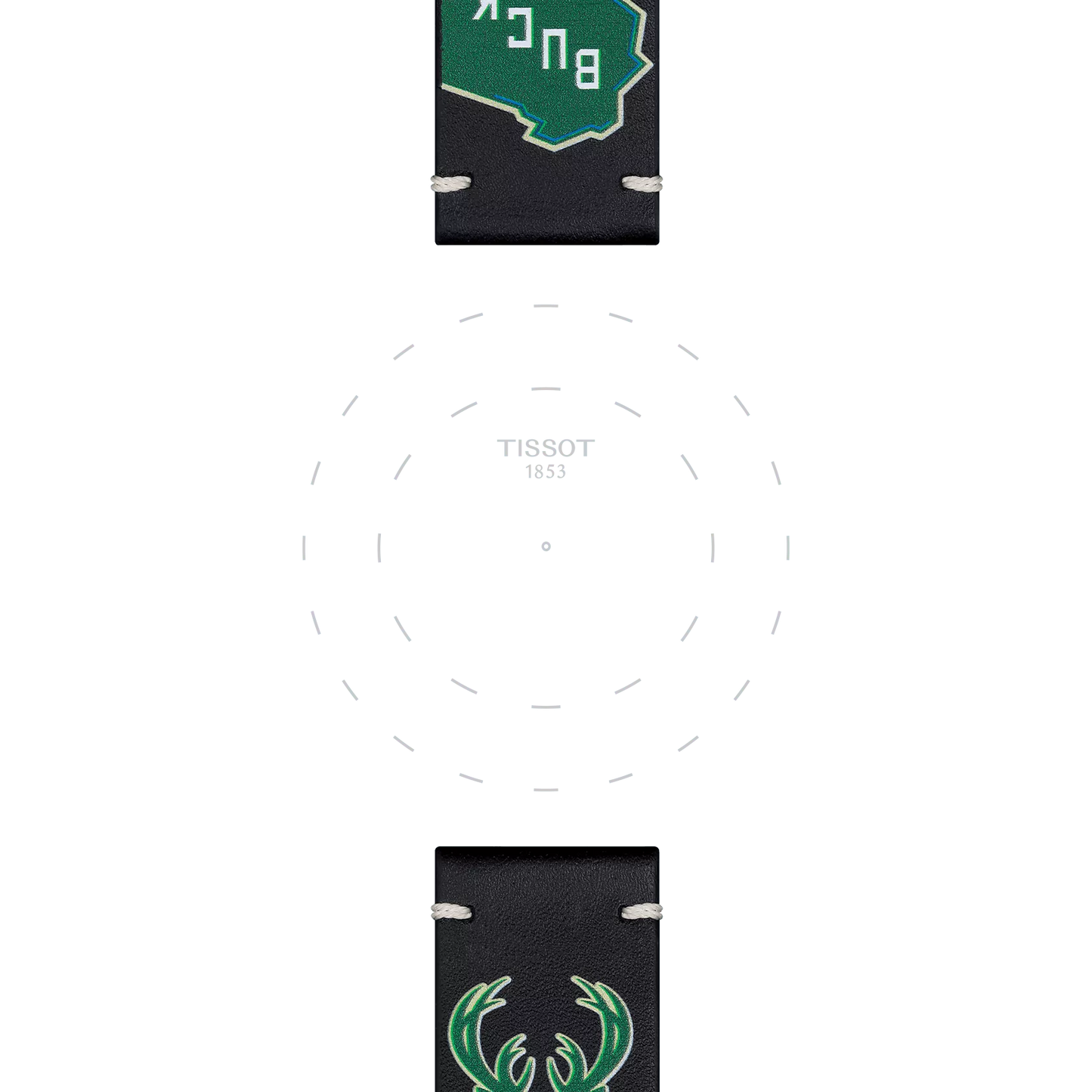 Featuring a minimalist watch face with "TISSOT 1853" at the center, the Tissot Official Black Leather Strap Lugs 22 mm by Tissot includes sleek black leather straps, a green BUCKS logo at the top, and a green deer antler emblem at the bottom.