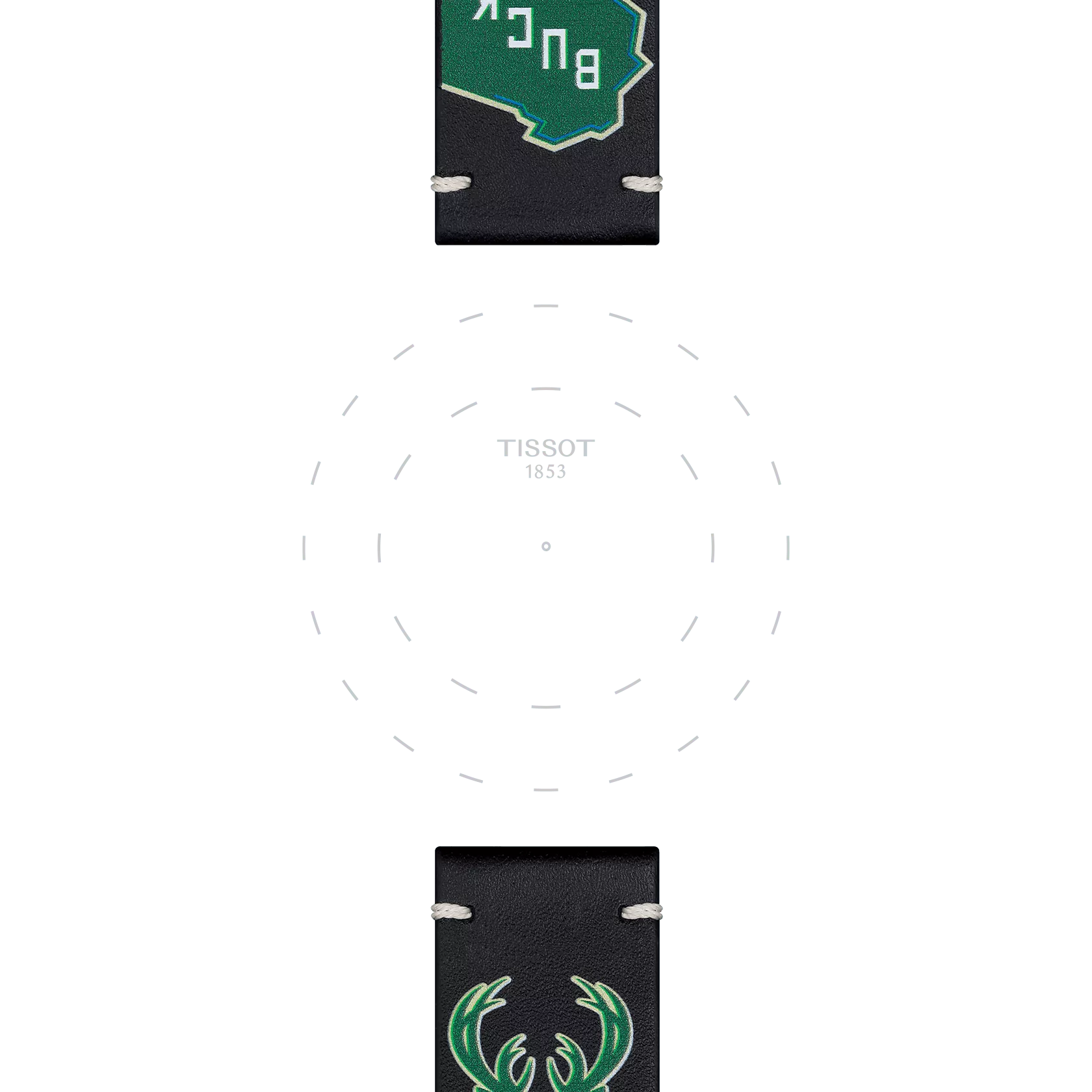 Featuring a minimalist watch face with "TISSOT 1853" at the center, the Tissot Official Black Leather Strap Lugs 22 mm by Tissot includes sleek black leather straps, a green BUCKS logo at the top, and a green deer antler emblem at the bottom.