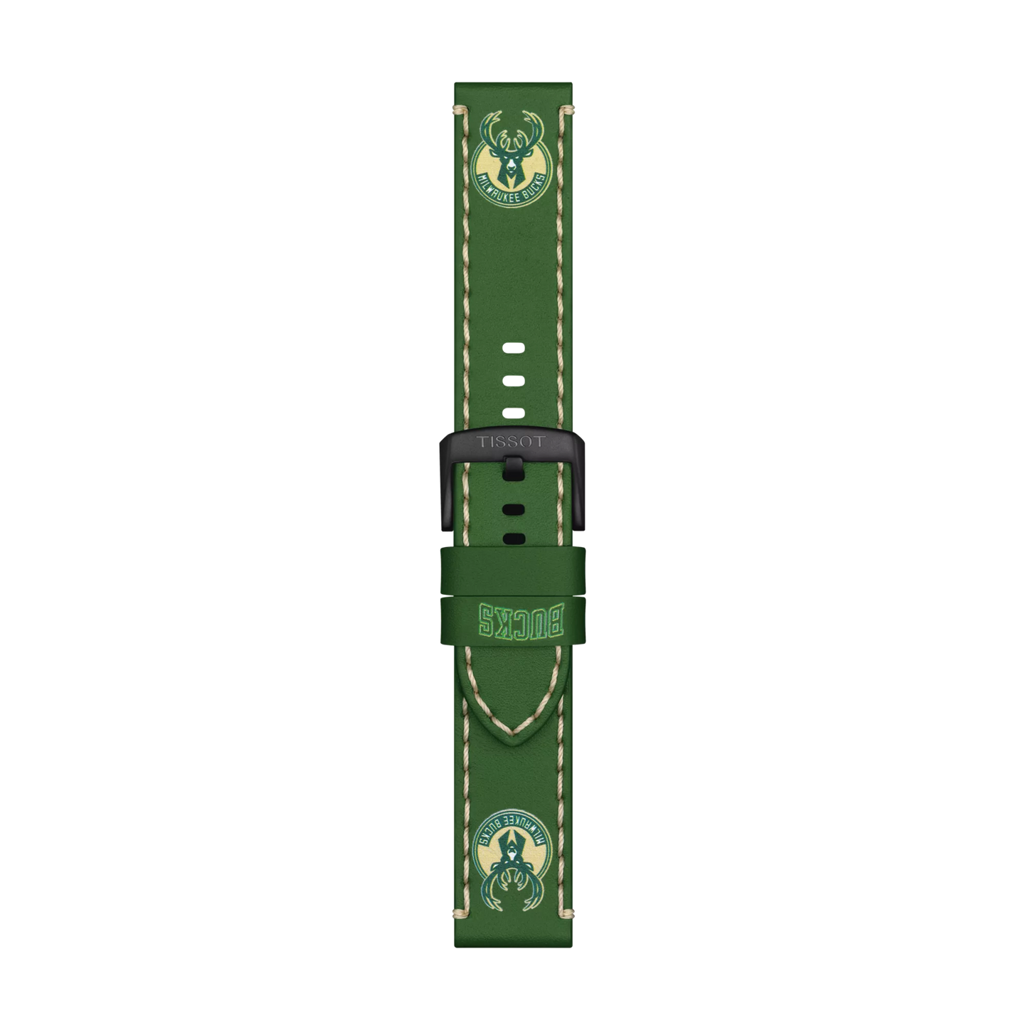 The Tissot Official Green Leather Strap Lugs 22 mm features the Milwaukee Bucks logo and the word "BUCKS" in yellow, complemented by beige stitching along the edges and a black clasp.