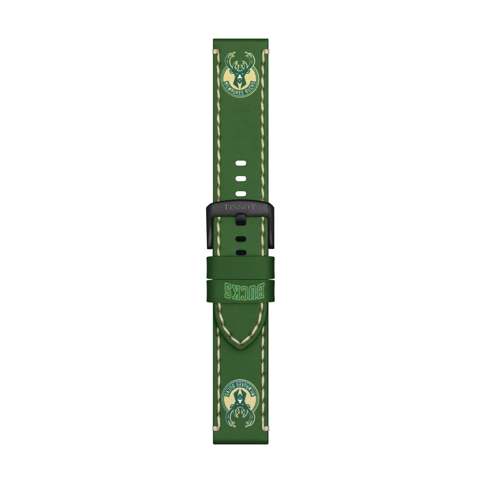 The Tissot Official Green Leather Strap Lugs 22 mm features the Milwaukee Bucks logo and the word "BUCKS" in yellow, complemented by beige stitching along the edges and a black clasp.