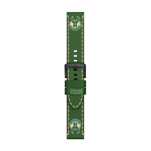 The Tissot Official Green Leather Strap Lugs 22 mm features the Milwaukee Bucks logo and the word "BUCKS" in yellow, complemented by beige stitching along the edges and a black clasp.