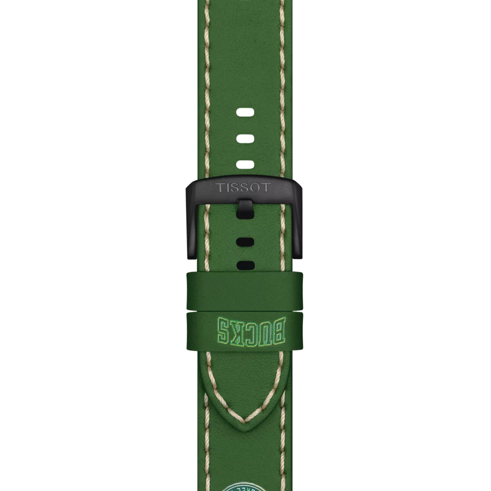 The Tissot Official Green Leather Strap features white stitching, "BUCKS" detailing, and a black metal buckle engraved with "TISSOT." This strap is made by Tissot and fits lugs measuring 22 mm.