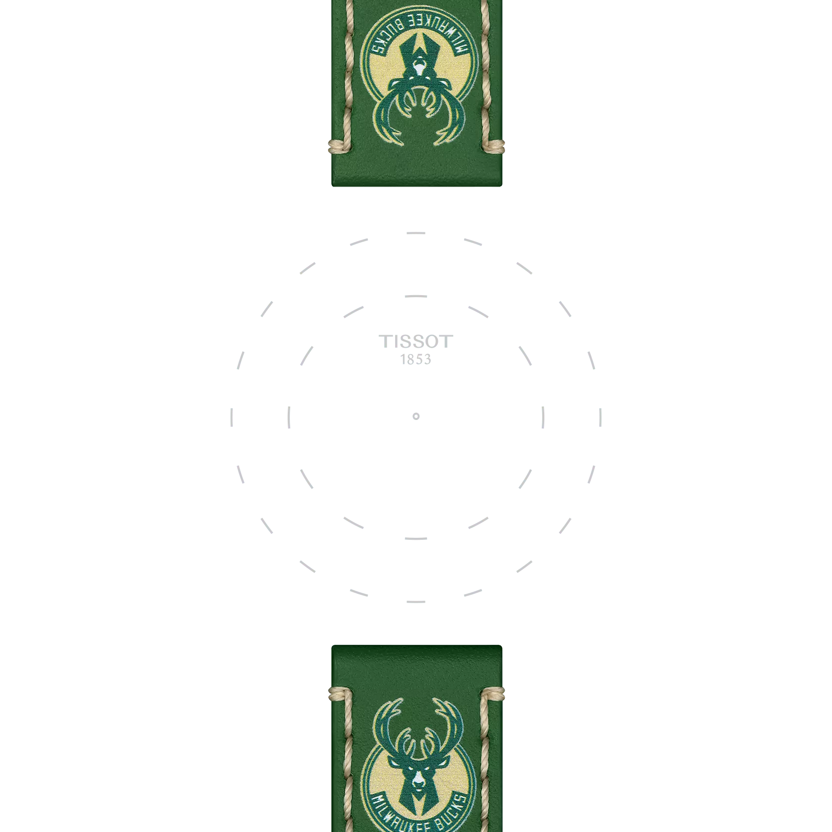 Green Tissot Official 22 mm leather watch straps featuring Milwaukee Bucks NBA team logos at both ends, vertically positioned around a blank white Tissot watch face with dashed hour markers.
