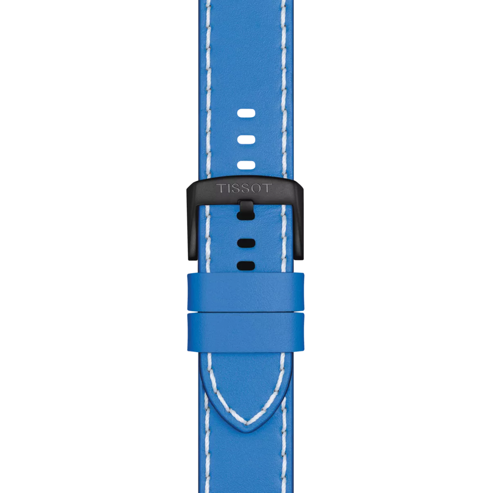 The Tissot Official Blue Leather Strap Lugs 22 mm features white stitching and a black buckle engraved with "TISSOT," displayed vertically against a white background.