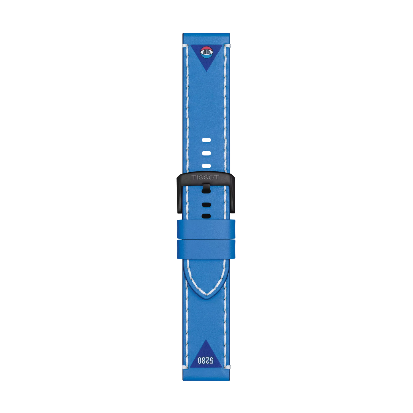 The Tissot Official Blue Leather Strap (Lugs 22 mm) by Tissot features white stitching, a black buckle, and a small multicolor circular logo near the top. The number "5280" is printed in white near the bottom. The strap is displayed on a plain white background.